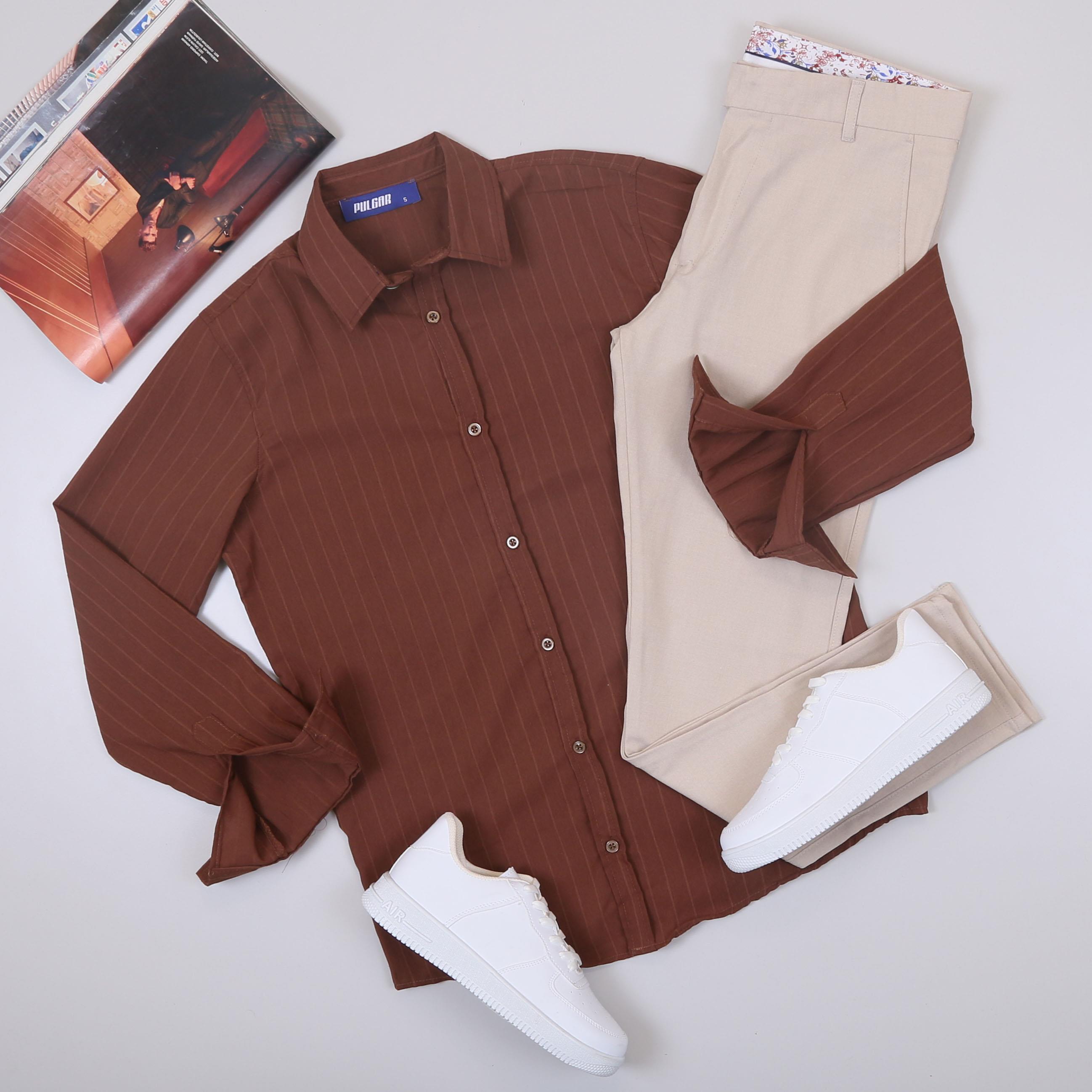 Kahve Çizgili Gömlek Pantolon Ayakkabı Kombin