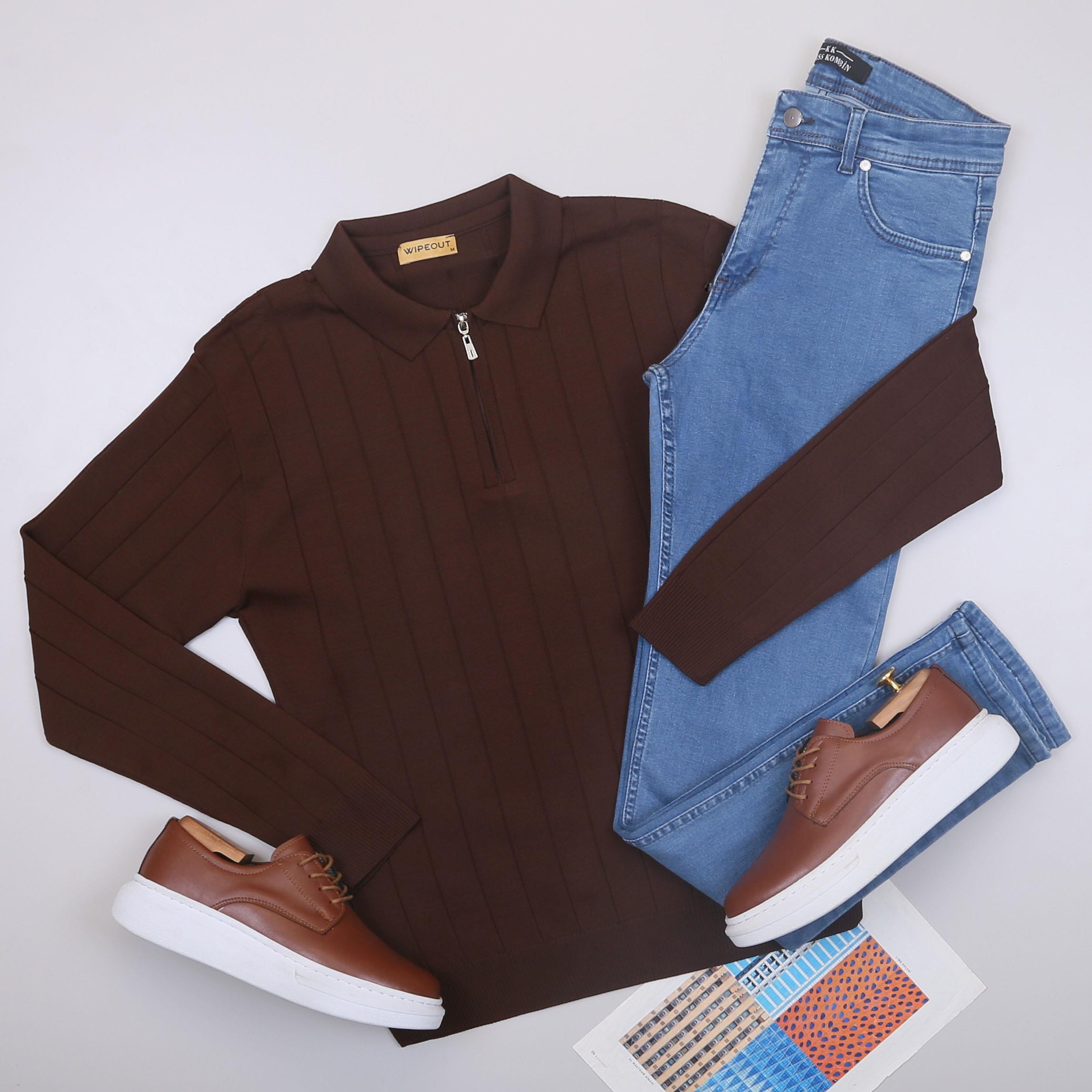 Kahve Çizgili Triko Polo Yaka Pantolon Ayakkabı Kombin