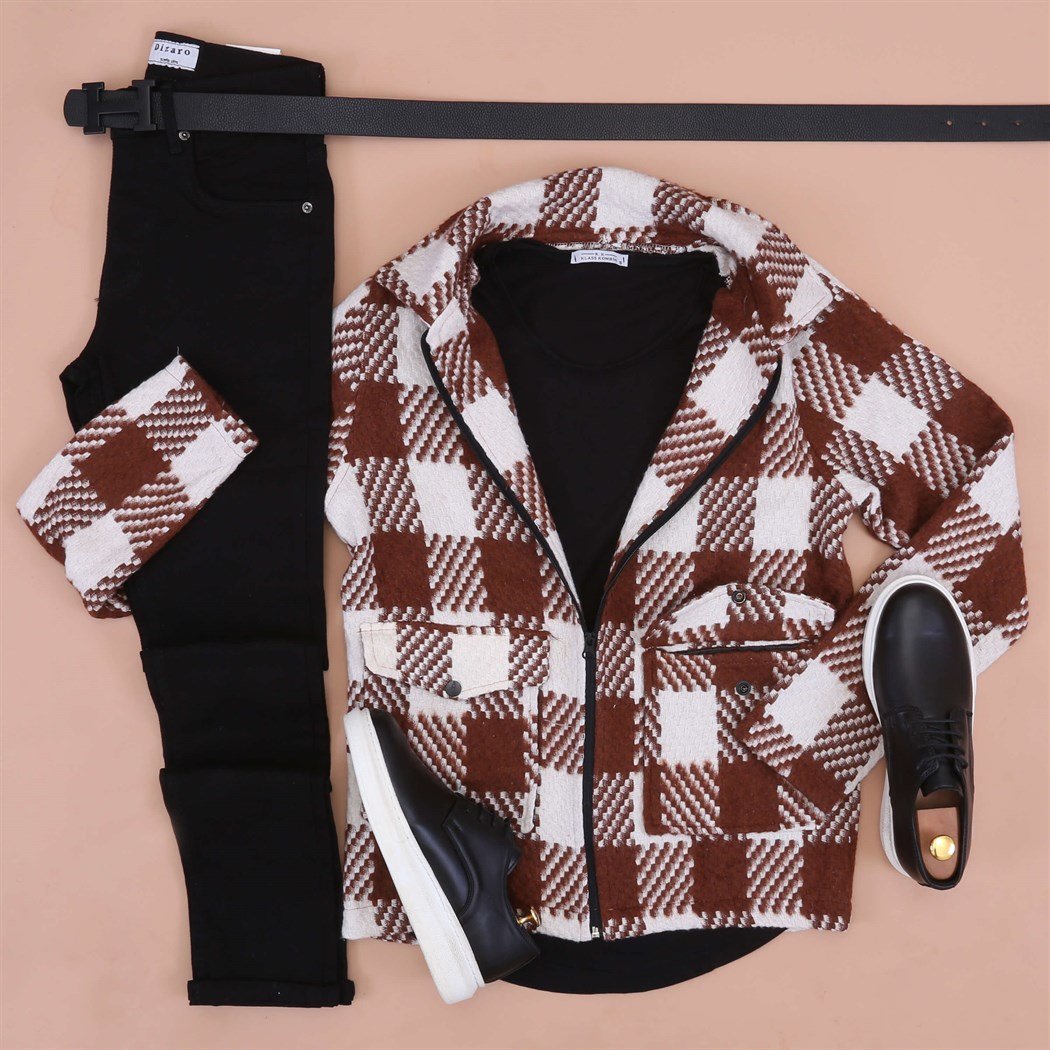 Kahve Ekoseli Triko Ayakkabı kombini