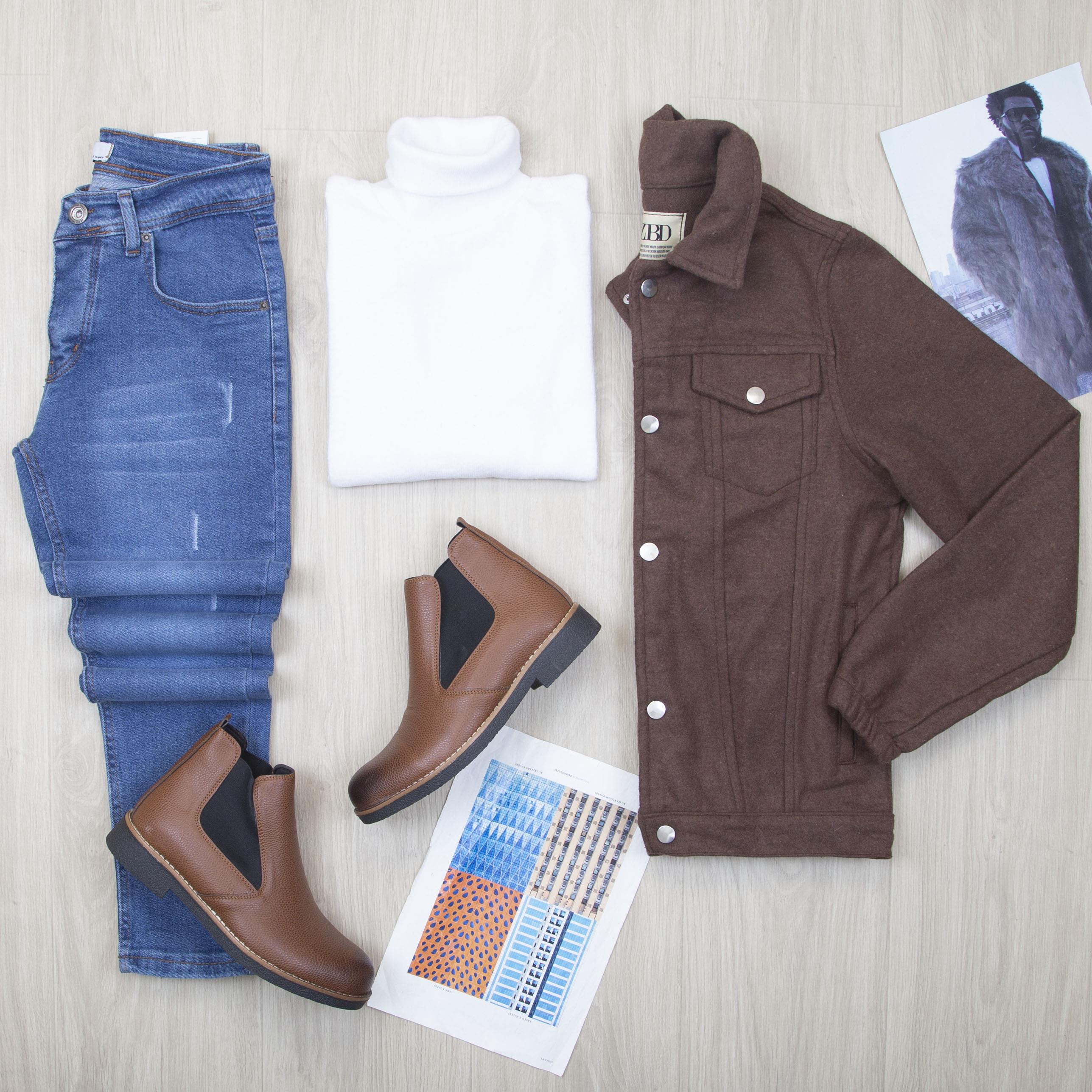 Kahve Kaşe Ceket Boğazlı Body Pantolon Bot Kombin