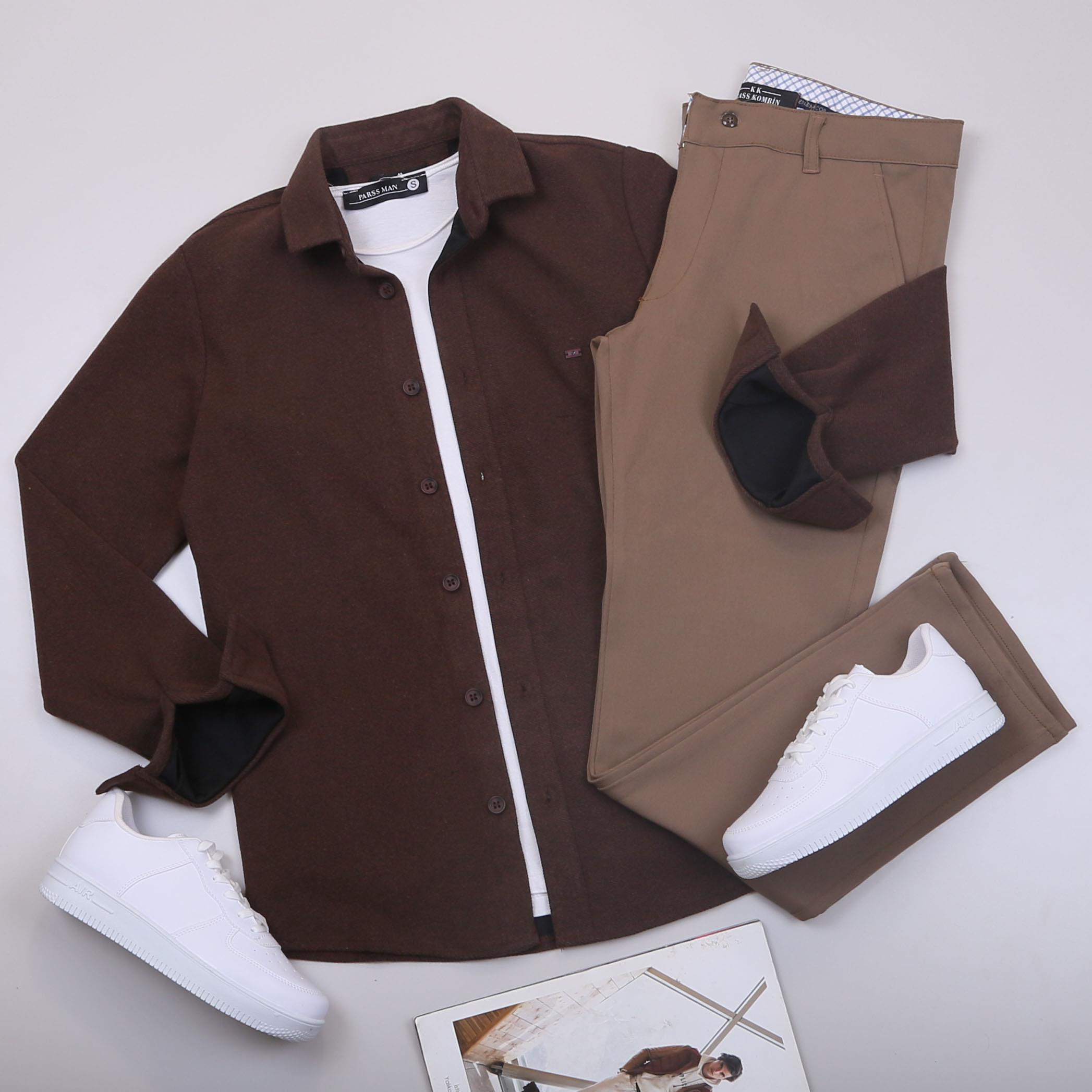 Kahve Kaşe Gömlek Tişört Pantolon Ayakkabı Kombin