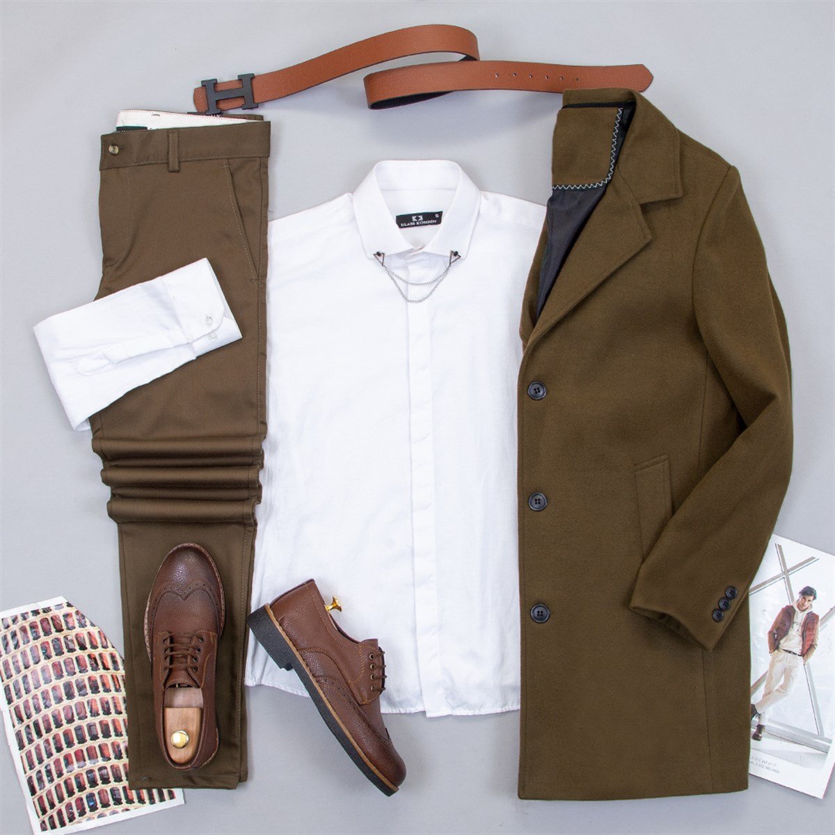 Kahve Kaşe Kaban Gömlek Pantolon Ayakkabı Kombin