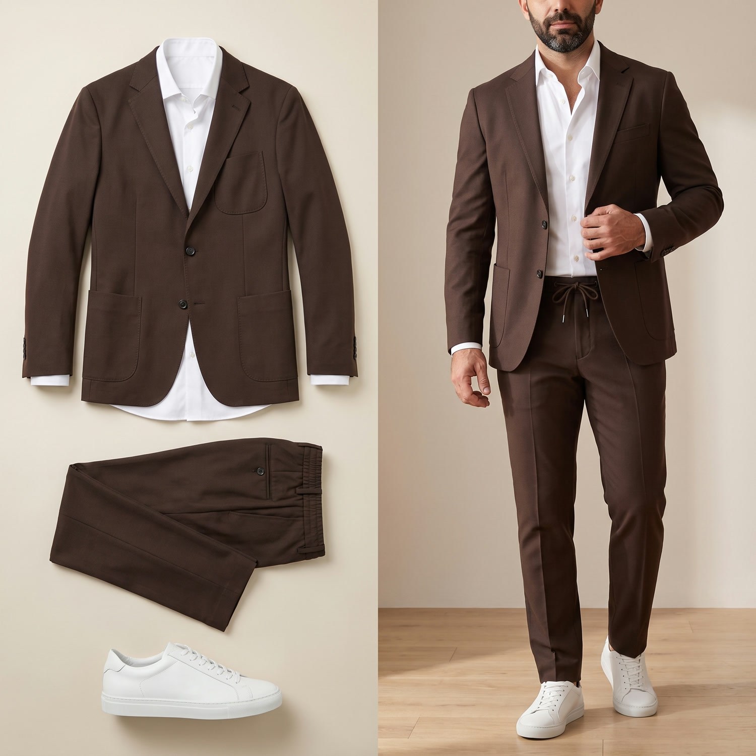 Kahve Keten Takım Gömlek Kombini Erkek | Slim Fit Şık Günlük Set 