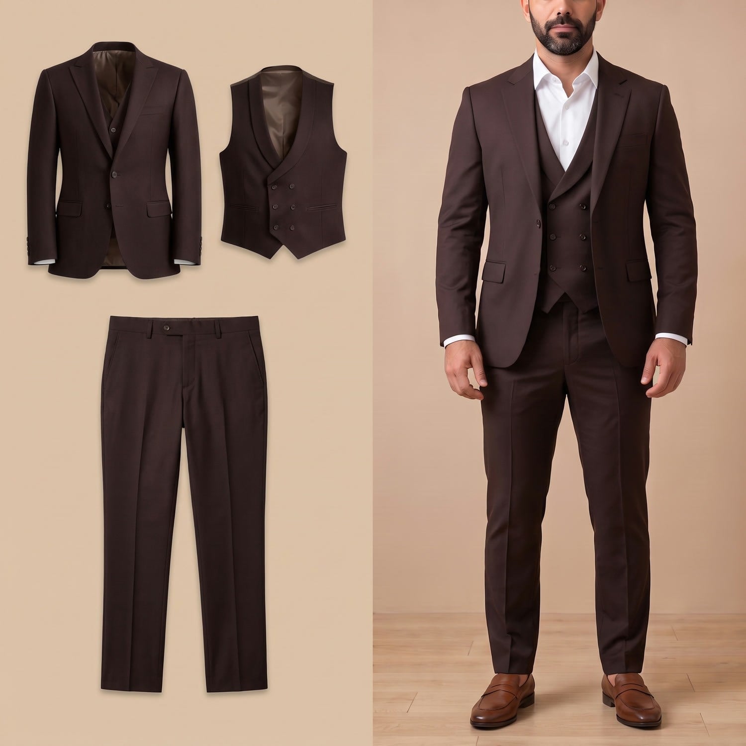 Kahverengi Ceket Yelek Pantolon Takım Erkek | Slim Fit Şık 3'lü Kombin Set