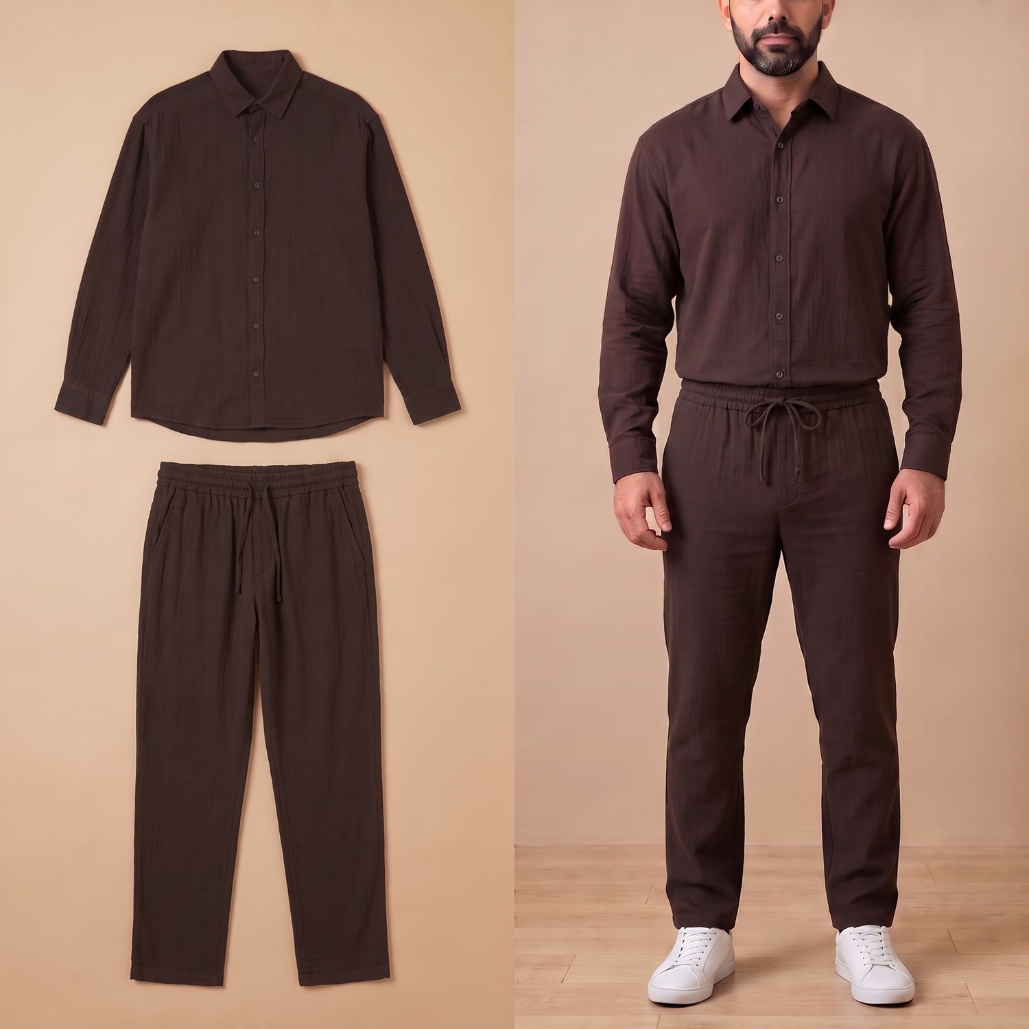 Kahverengi Oversize Spor Gömlek Pantolon Kombini Erkek | Rahat Kesim Günlük Şık Takım