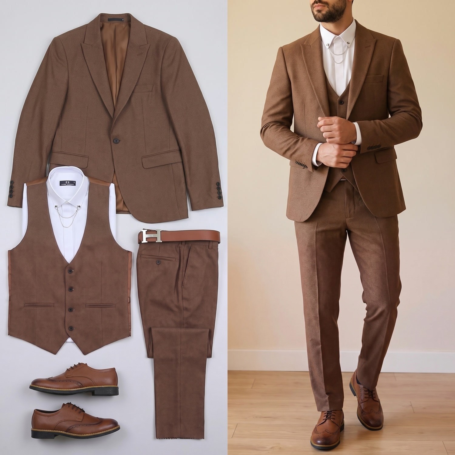 Kahverengi Takım Elbise Kombini Erkek | Slim Fit Şık Komple Set 