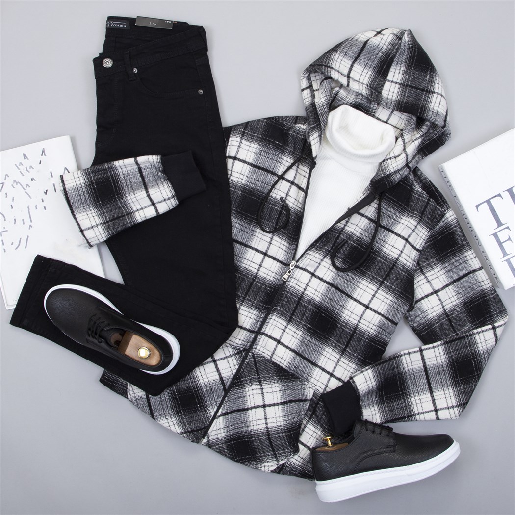 Kapşonlu Ekose Oduncu Gömlek Tişört Pantolon Ayakkabı Kombin