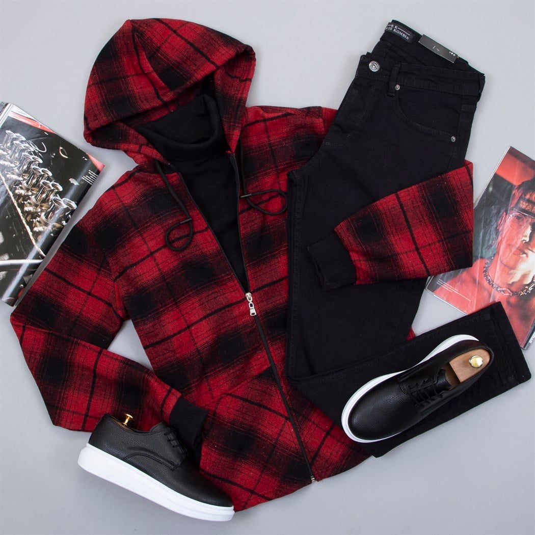 Kapşonlu Ekose Oduncu Gömlek Tişört Pantolon Ayakkabı Kombin