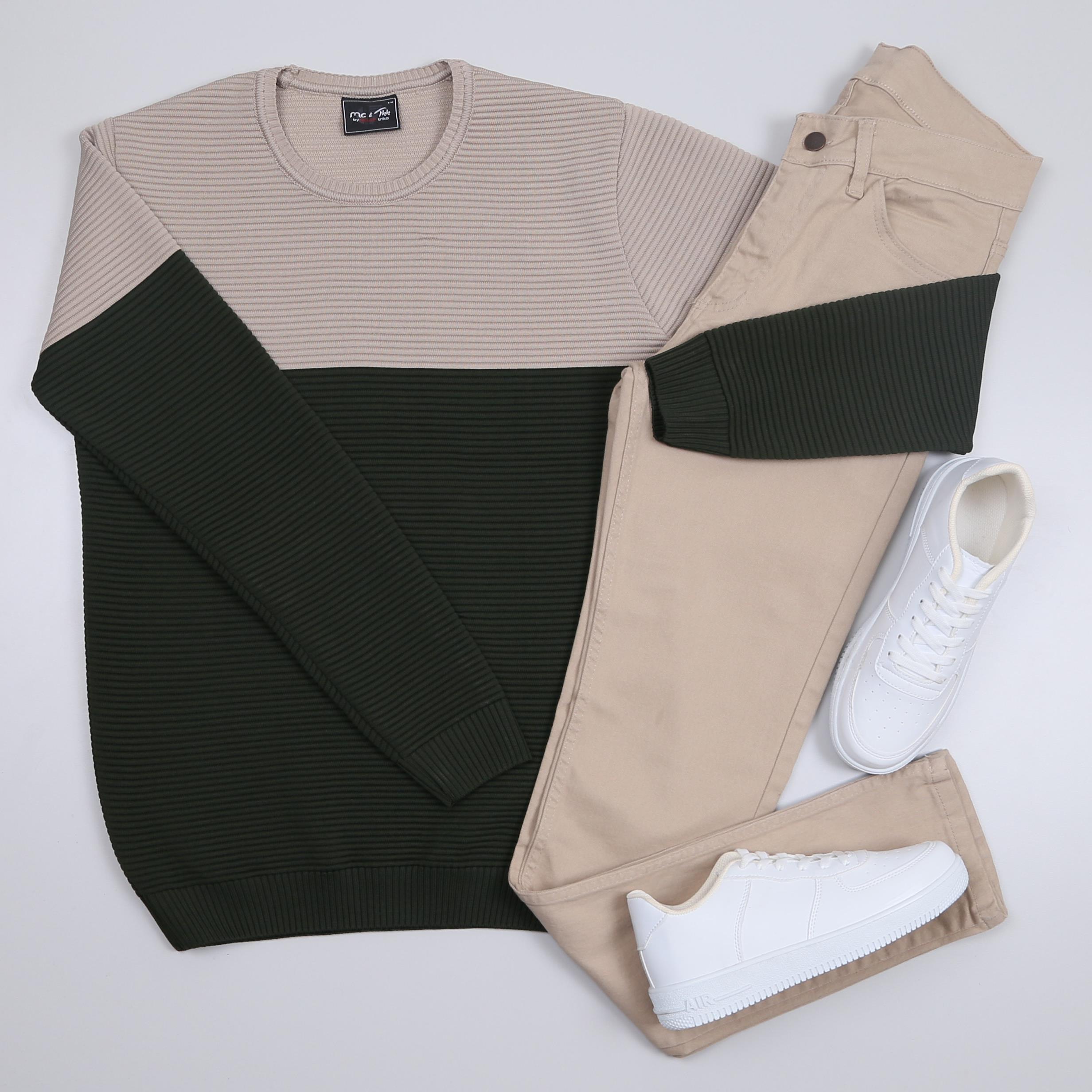 Karışık triko kazak bej kot Pantolon