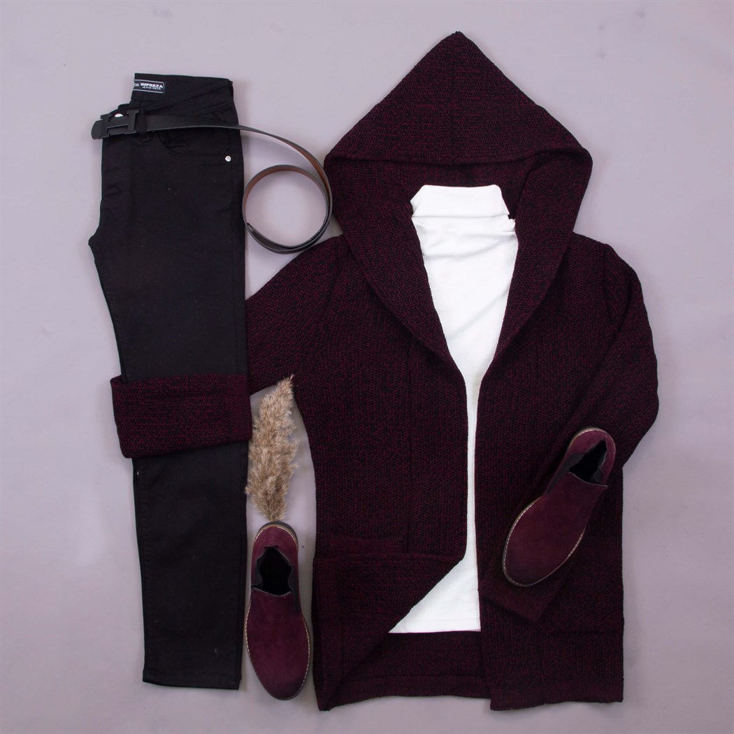 kazak pantolon bordo hırka ayakkabı kombini