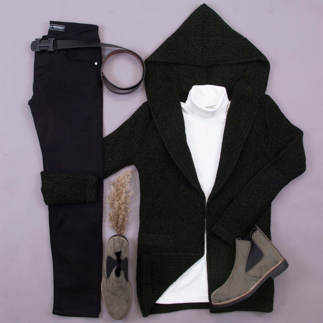 kazak pantolon haki hırka ayakkabı kombini