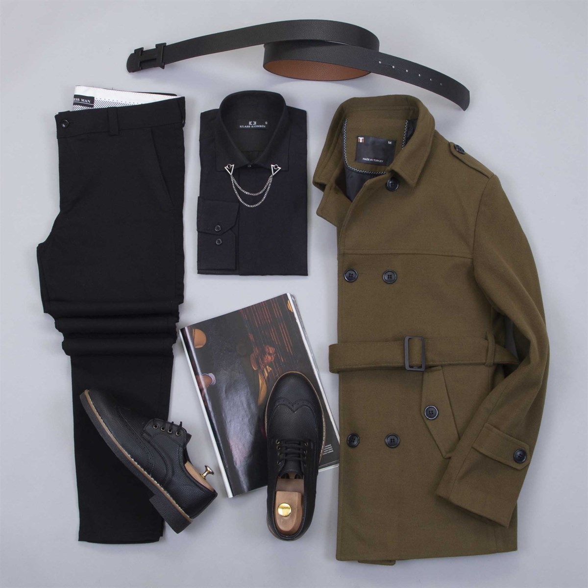 Kemerli Kaşe Kaban Gömlek Pantolon Ayakkabı Kombin