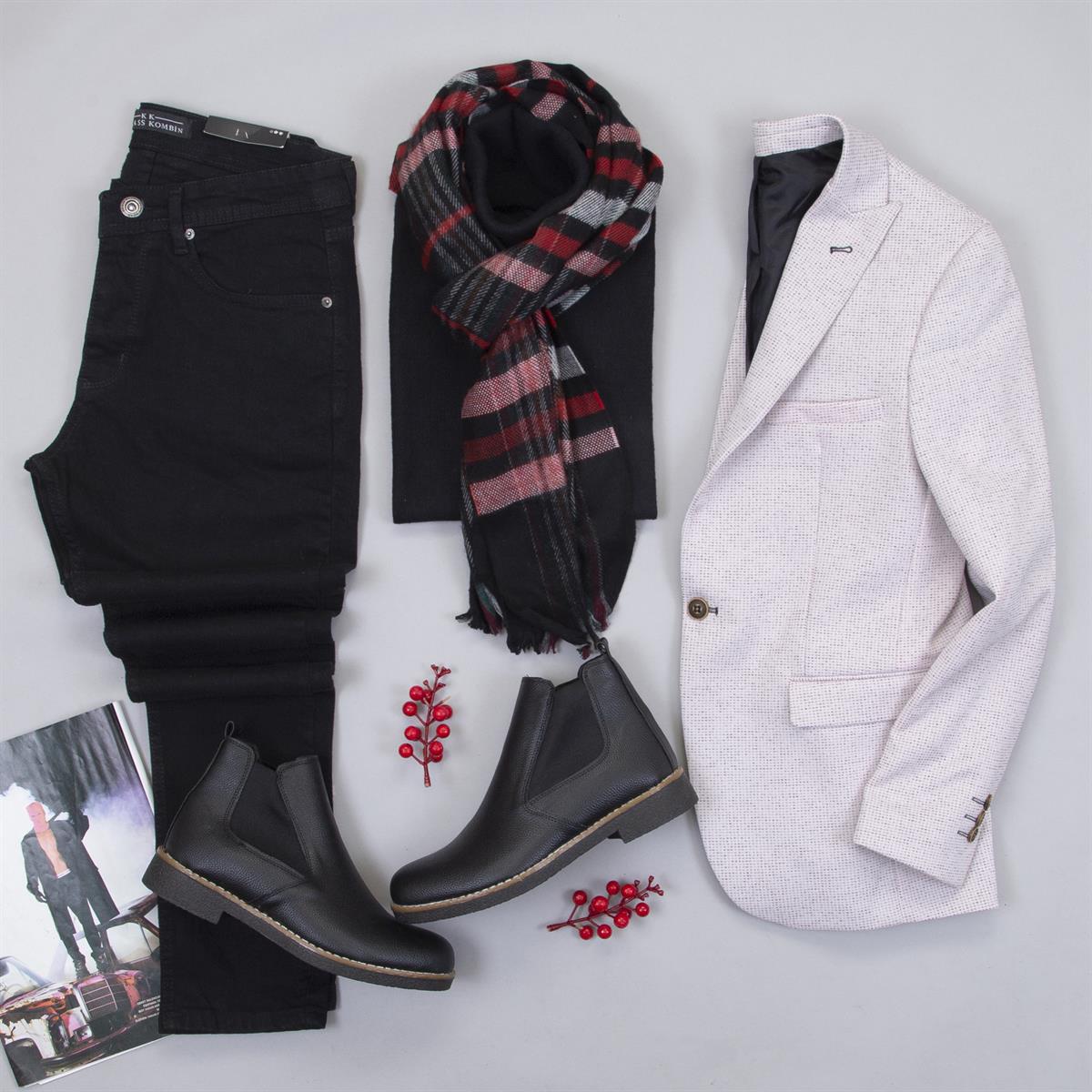 Kırçıllı Açık Pembe Blazer Ceket Kazak Pantolon Bot Kombin