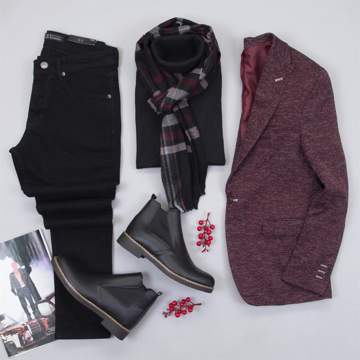 Kırçıllı Bordo Blazer Ceket Kazak Pantolon Bot Kombin