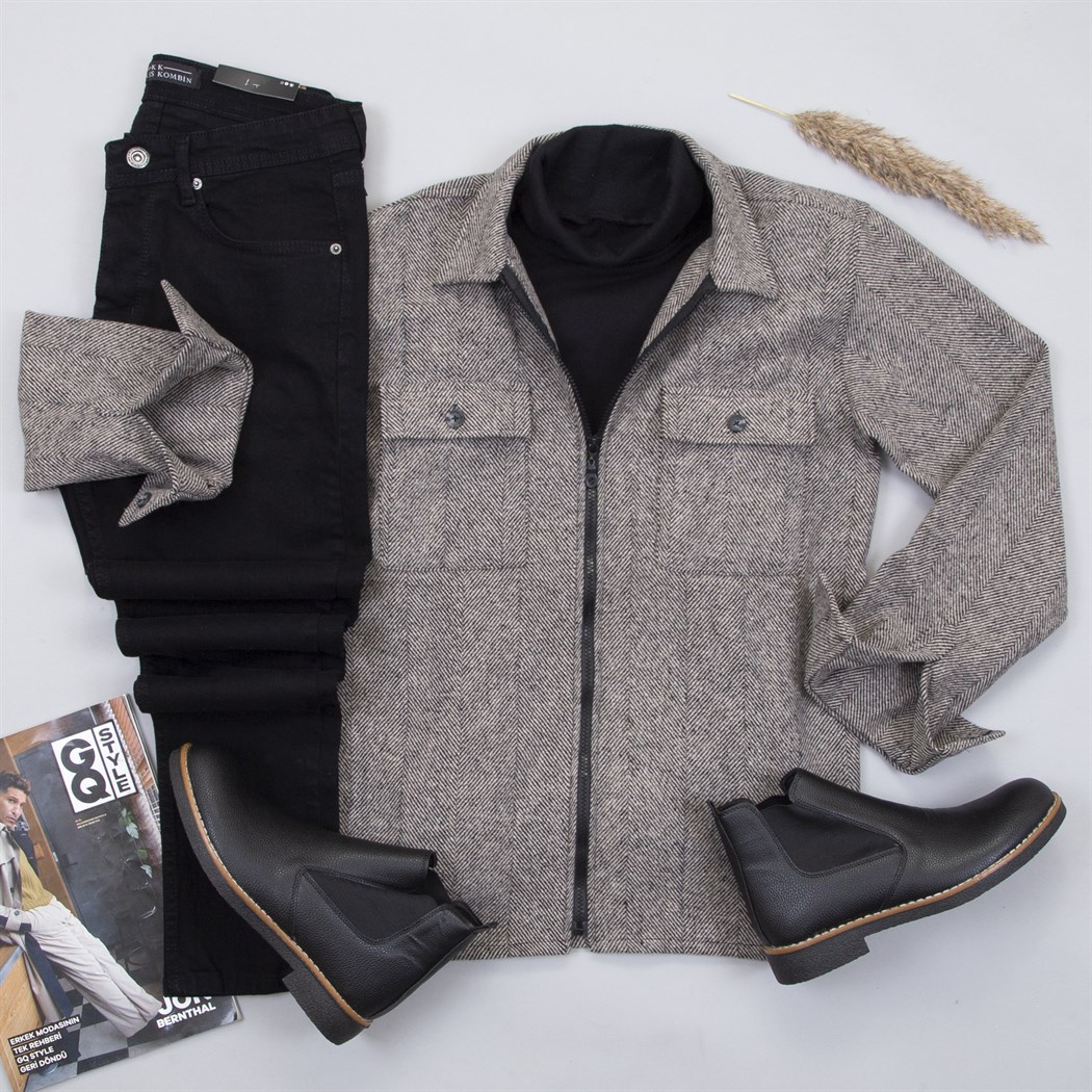 Kırçıllı Cepli Ceket Boğazlı Kazak Pantolon Bot Kombin