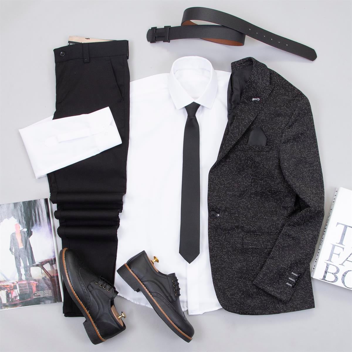 Kırçıllı Siyah Blazer Ceket Gömlek Pantolon Ayakkabı Kombin