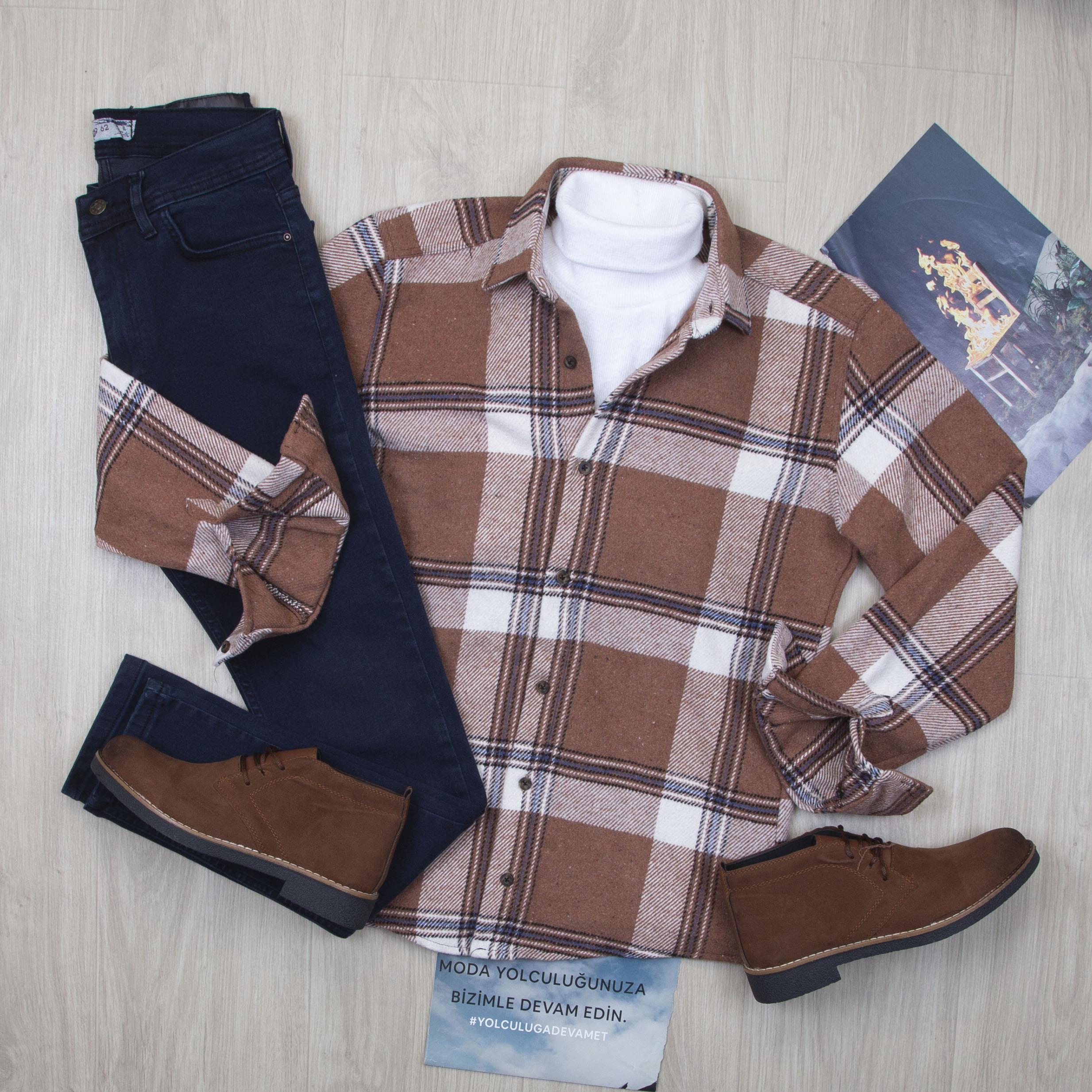 Kiremit Ekose Gömlek Bej Bot Lacivert Kot Pantolon Kombin