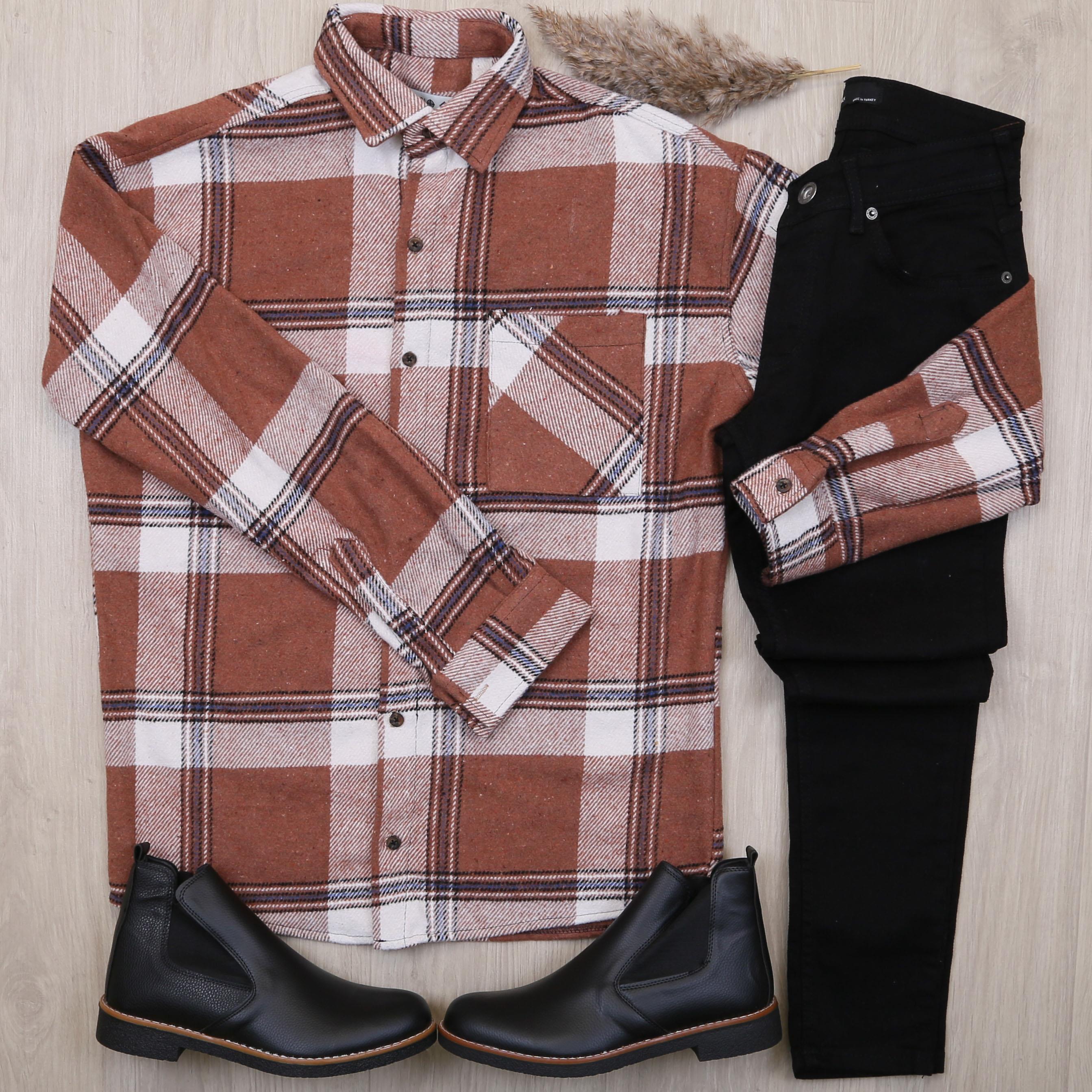 Kiremit Ekose Gömlek Bot Siyah Kot Pantolon Kombin