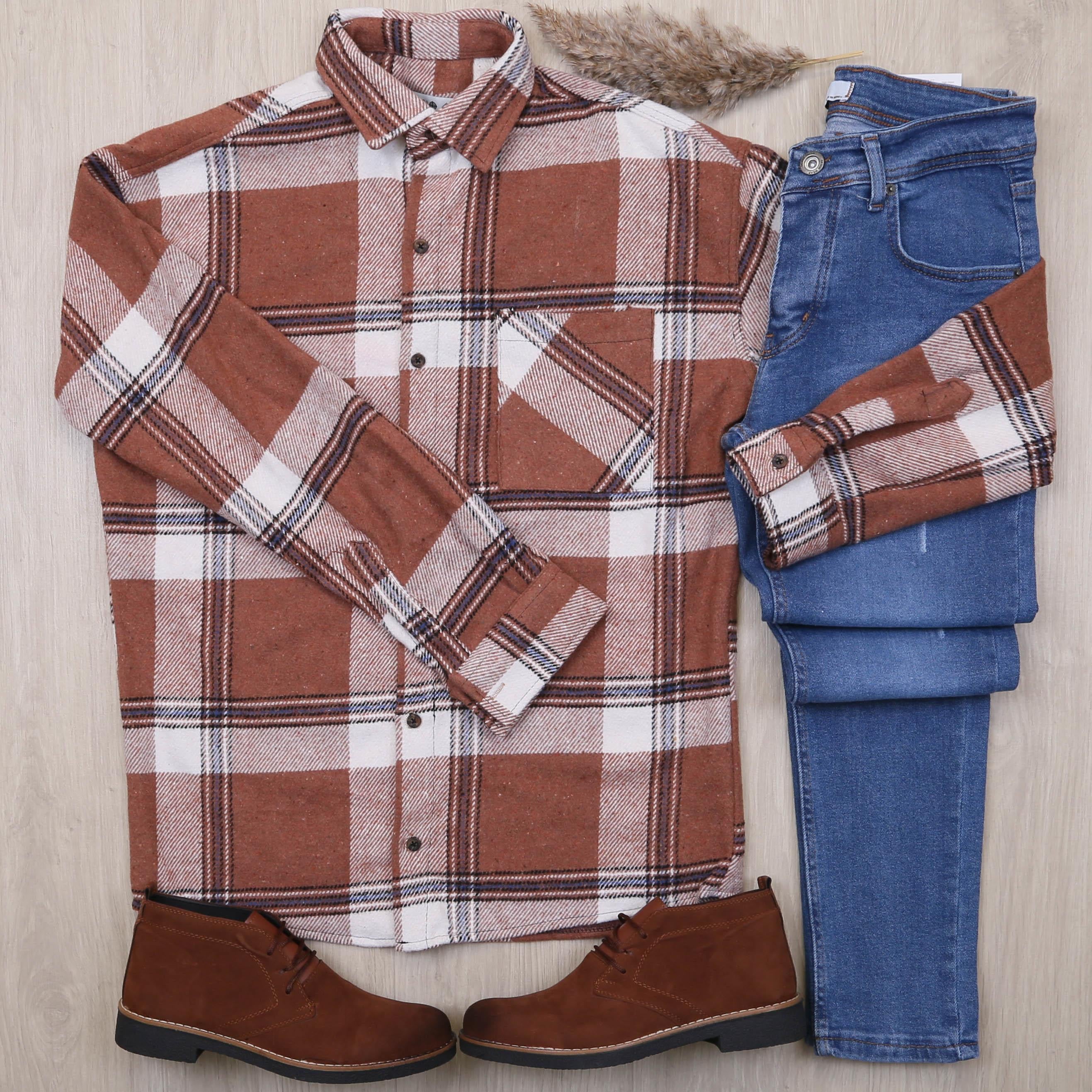 Kiremit Ekose Gömlek Taba Bot Mavi Kot Pantolon Kombin