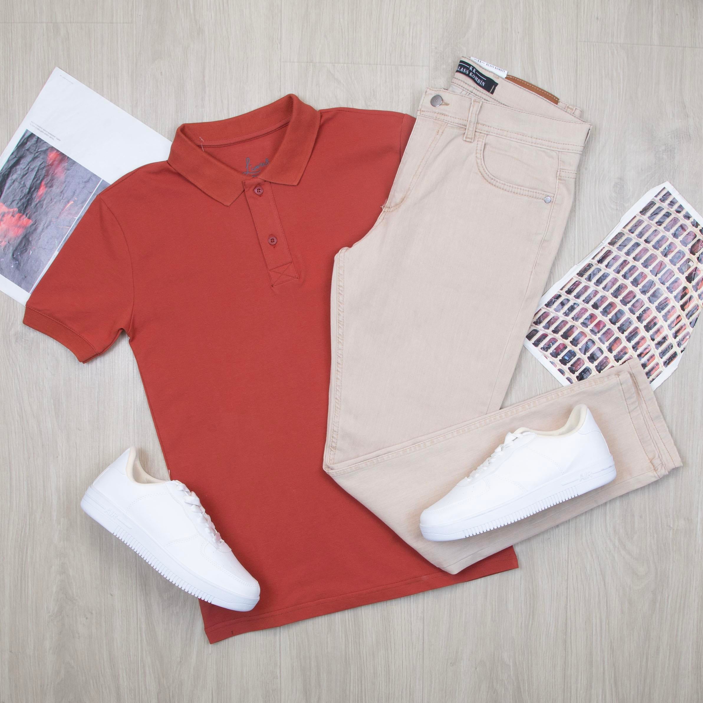 Kiremit Polo Yaka Tişört Pantolon Ayakkabı Kombin