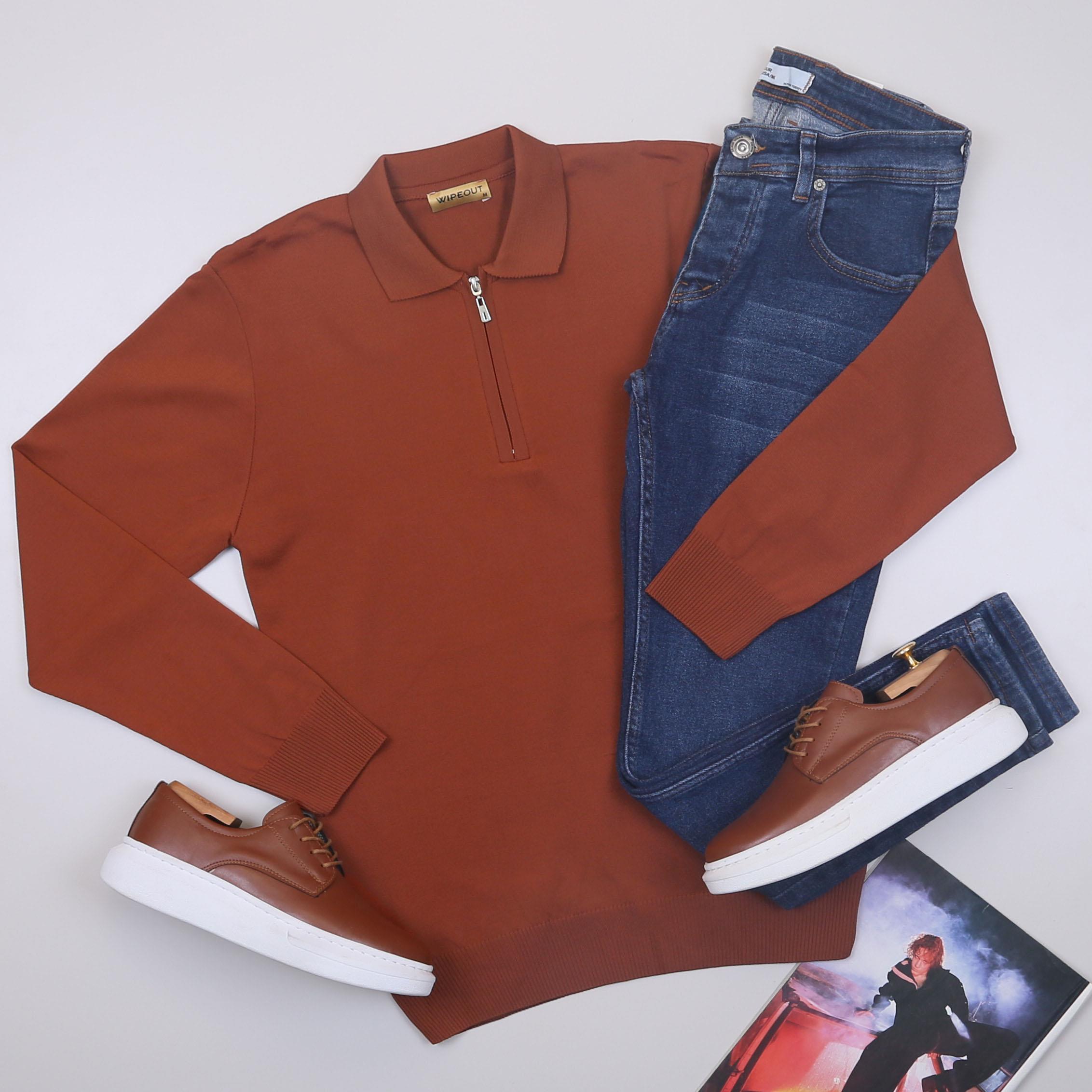 Kiremit Triko Polo Yaka Pantolon Ayakkabı Kombin