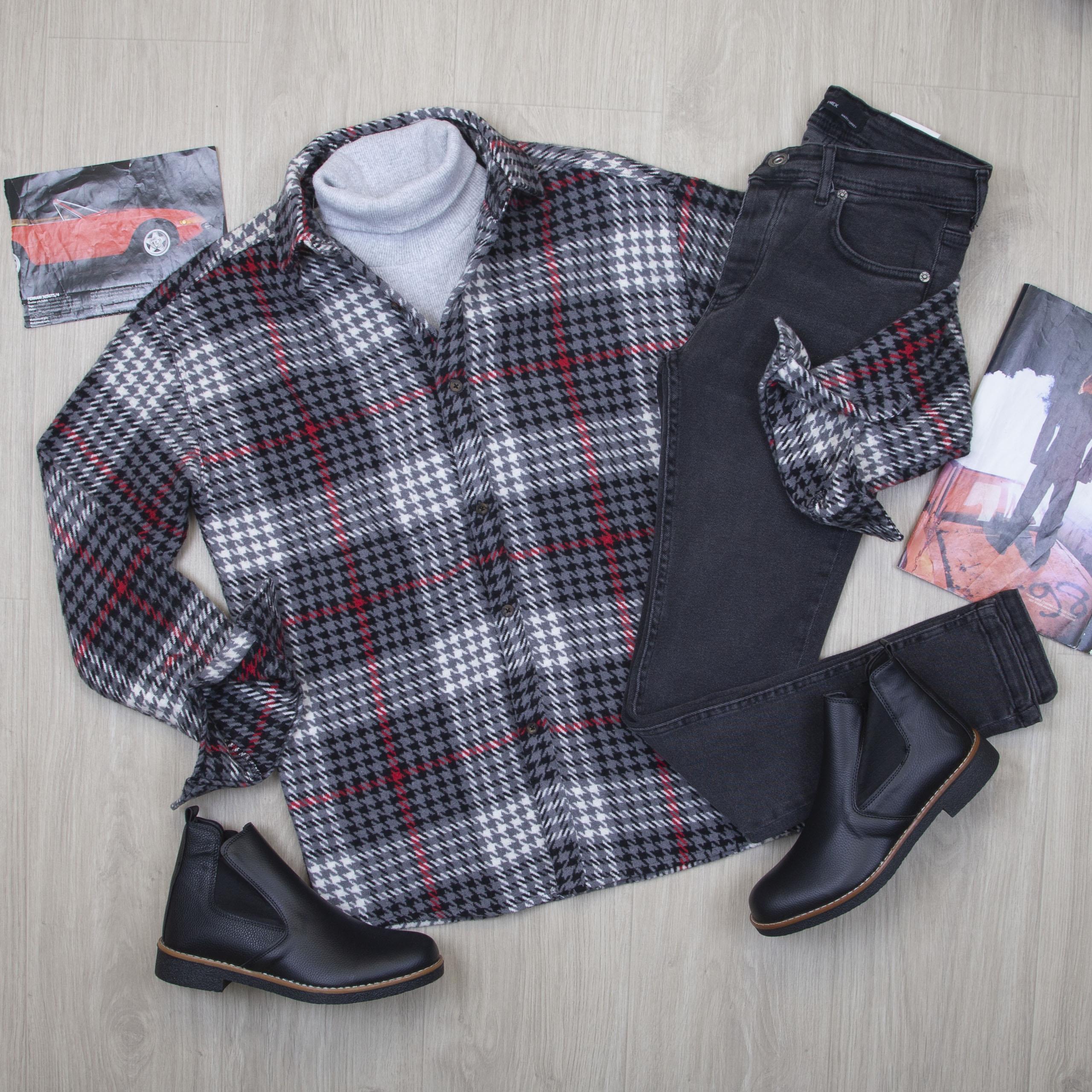 Kırmızı Çizgili Ekose Gömlek Bot Lacivert Kot Pantolon Kombin