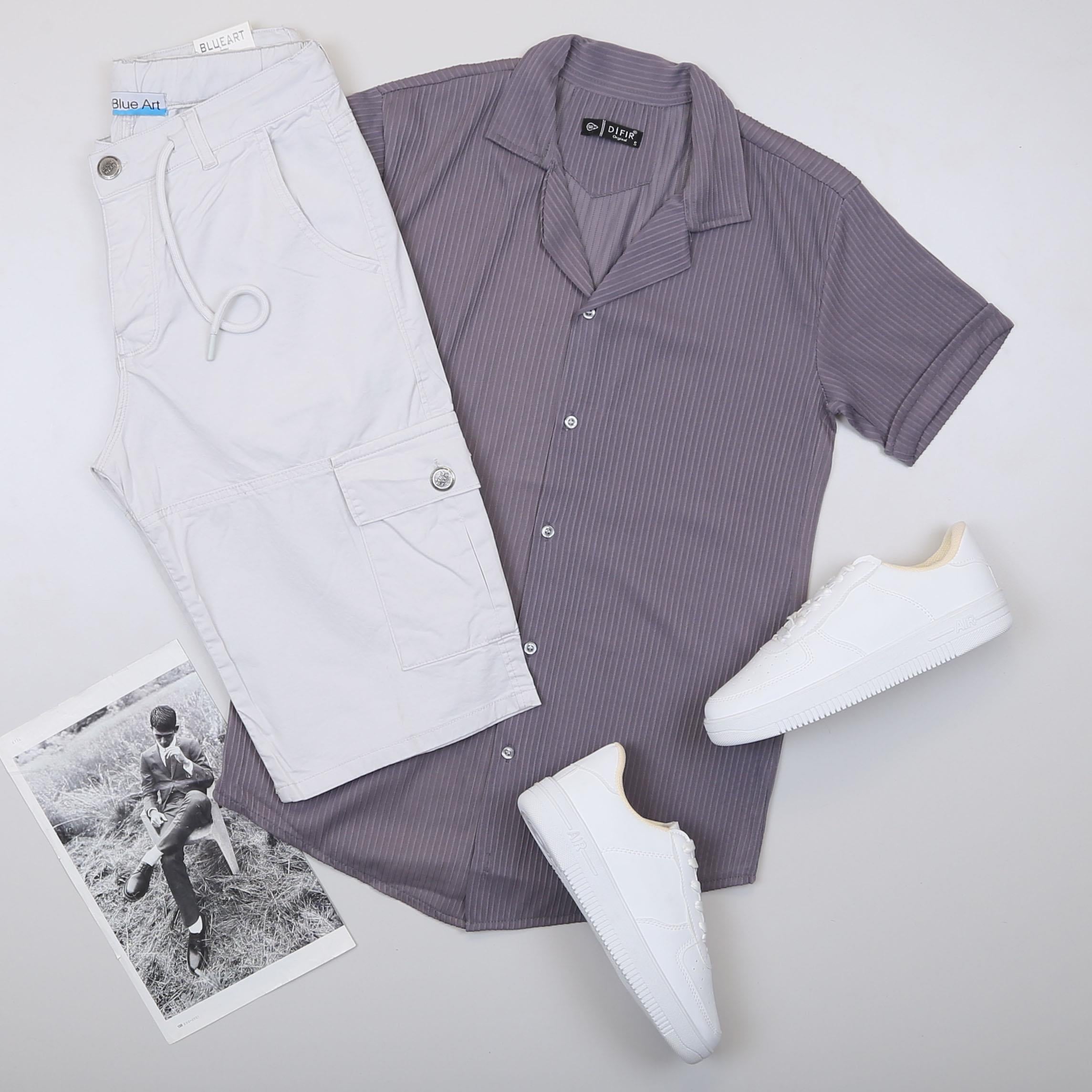 Kısa Kollu Füme Gömlek Şort Ayakkabı Kombin