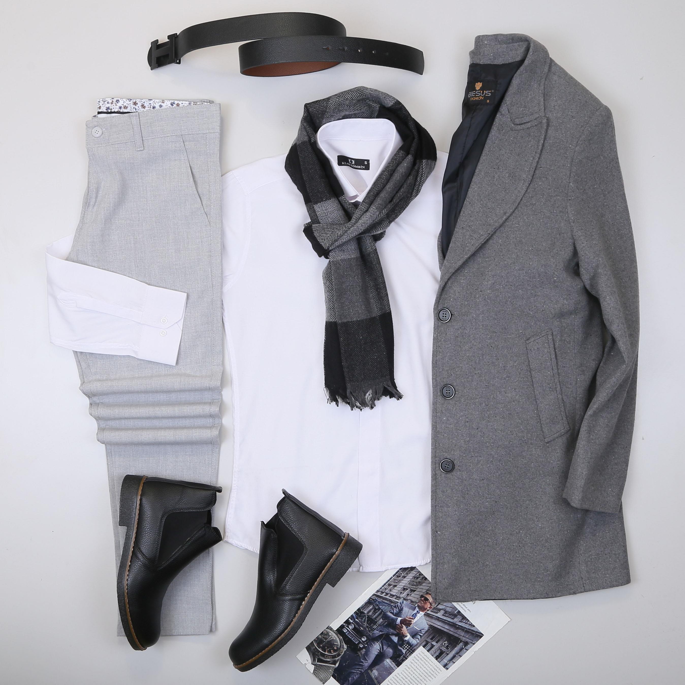 Koyu Gri Kaşe Kaban Gömlek Pantolon Bot Kombin