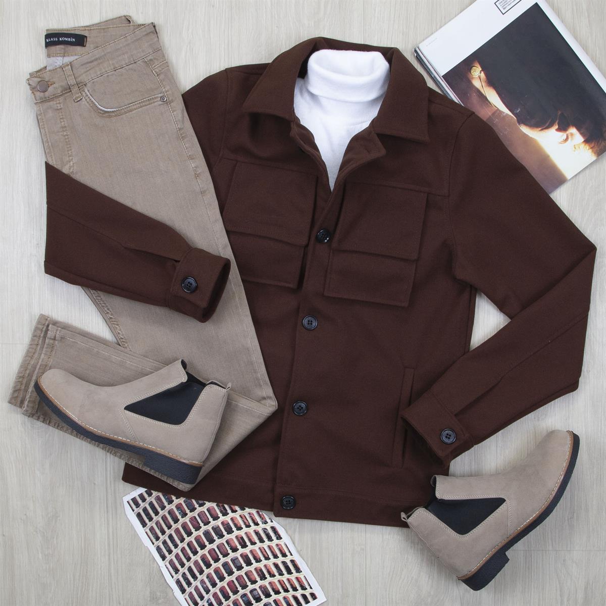 Koyu Kahve Kaşe Ceket Boğazlı Body Pantolon Bot Kombin