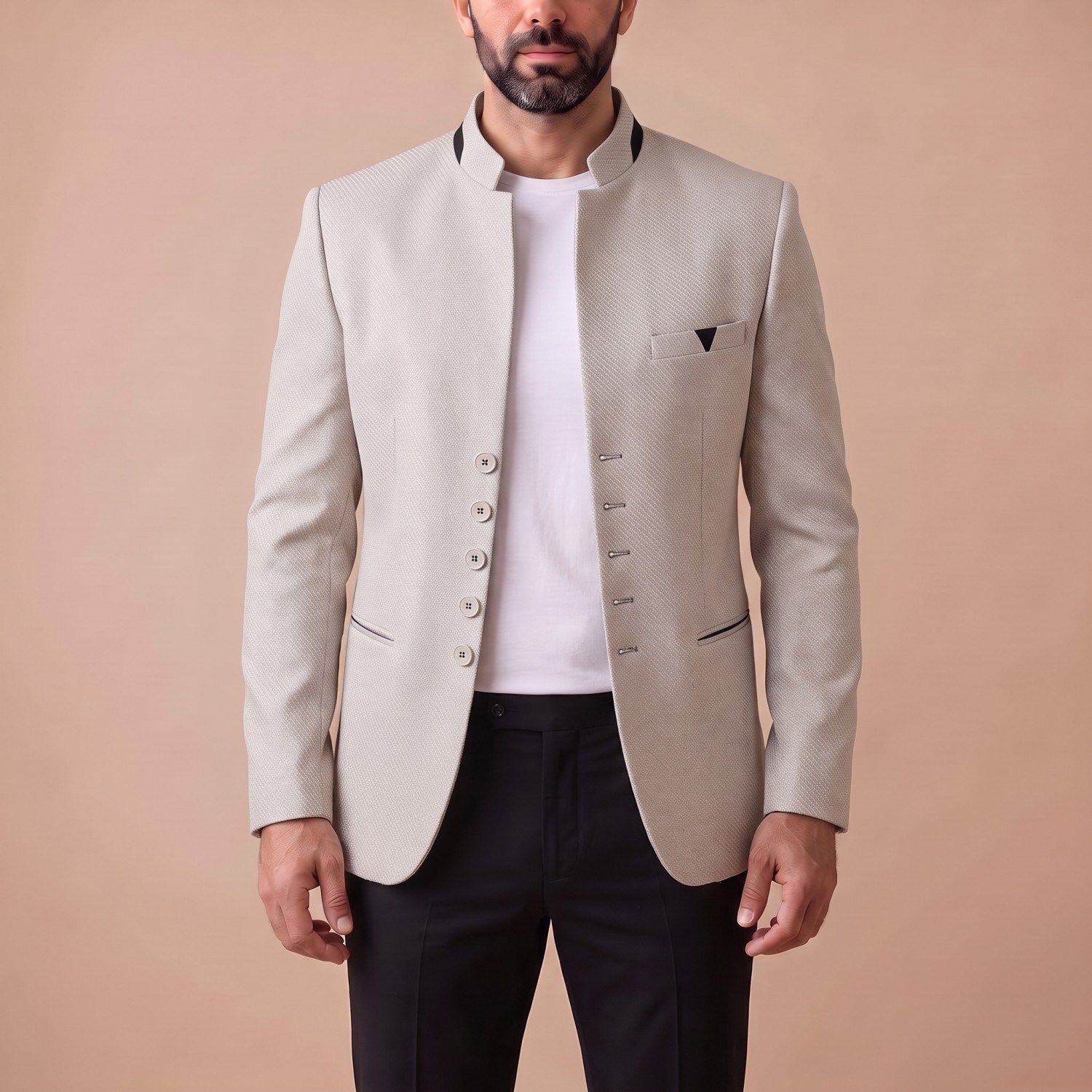 Krem Dik Yaka Blazer Ceket Erkek