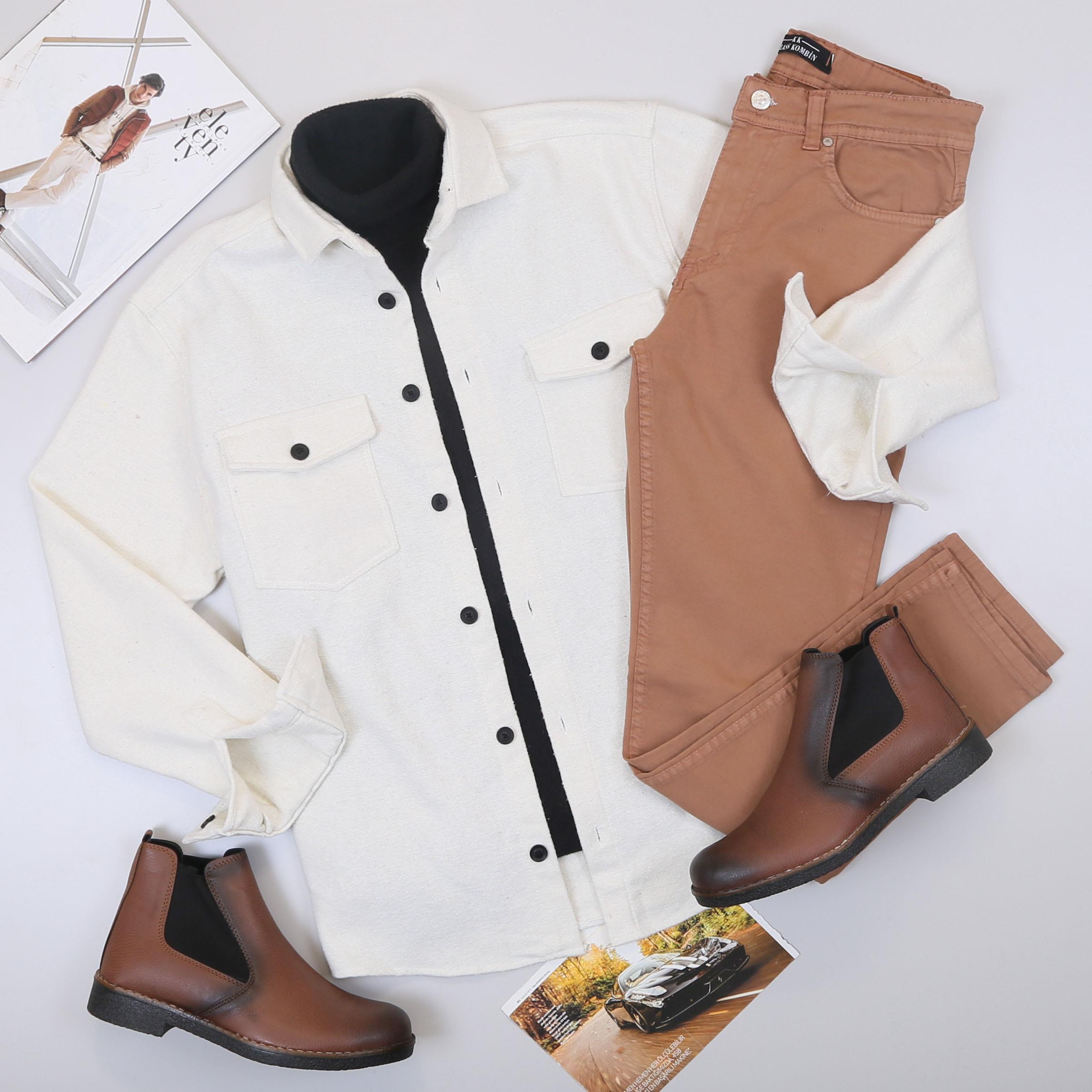 Krem Kaşe Gömlek Boğazlı Body Pantolon Bot Kombin