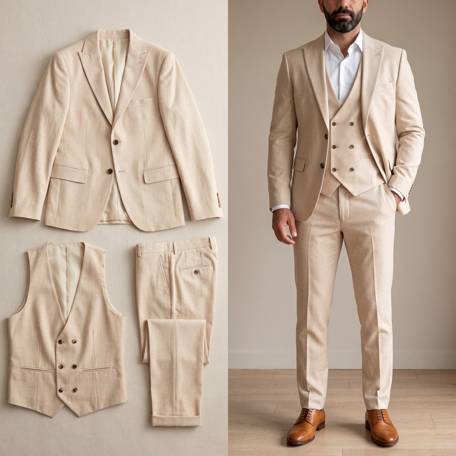 Krem Kruvaze Yelekli Takım Elbise Erkek | Slim Fit İndirimli Takım