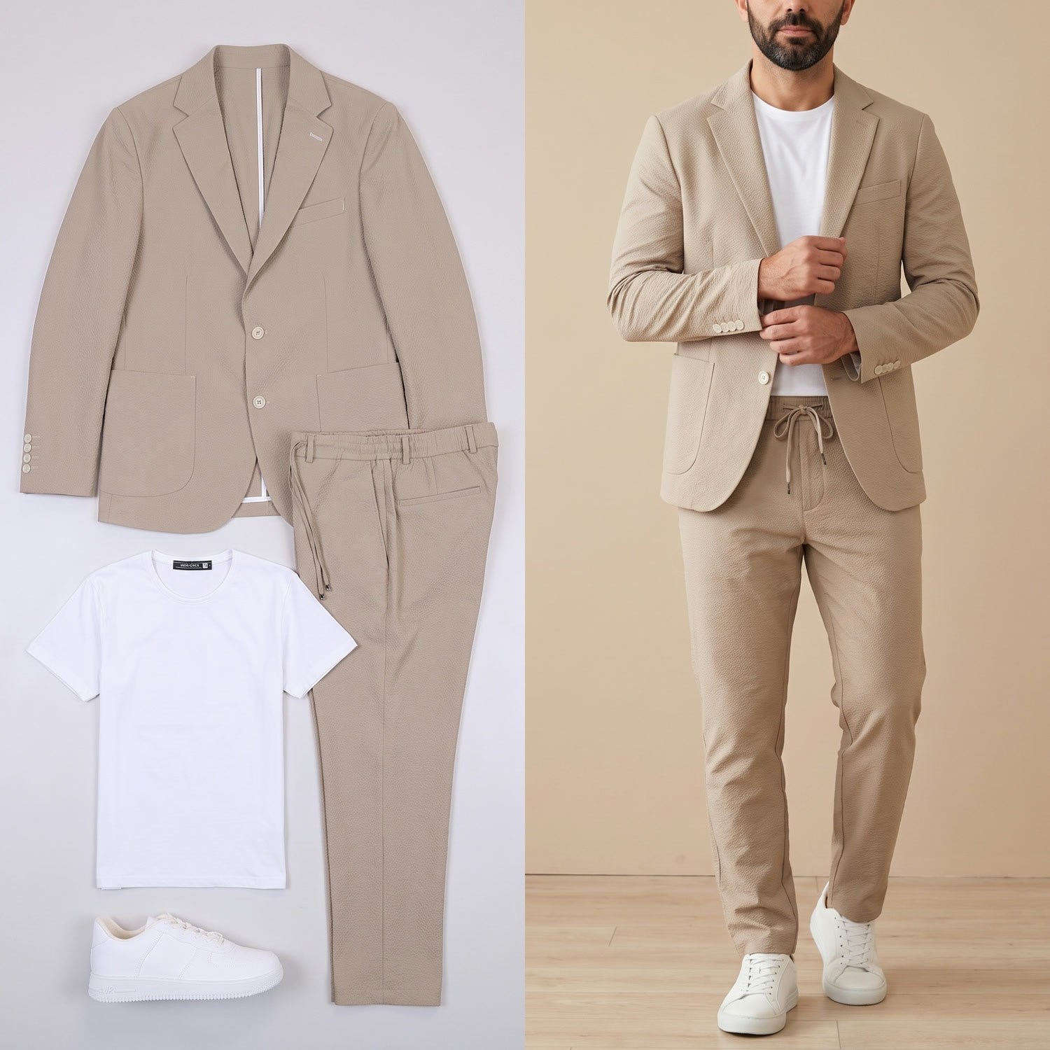 Krem Spor Takım Elbise Kombini Erkek | Slim Fit Şık Günlük 