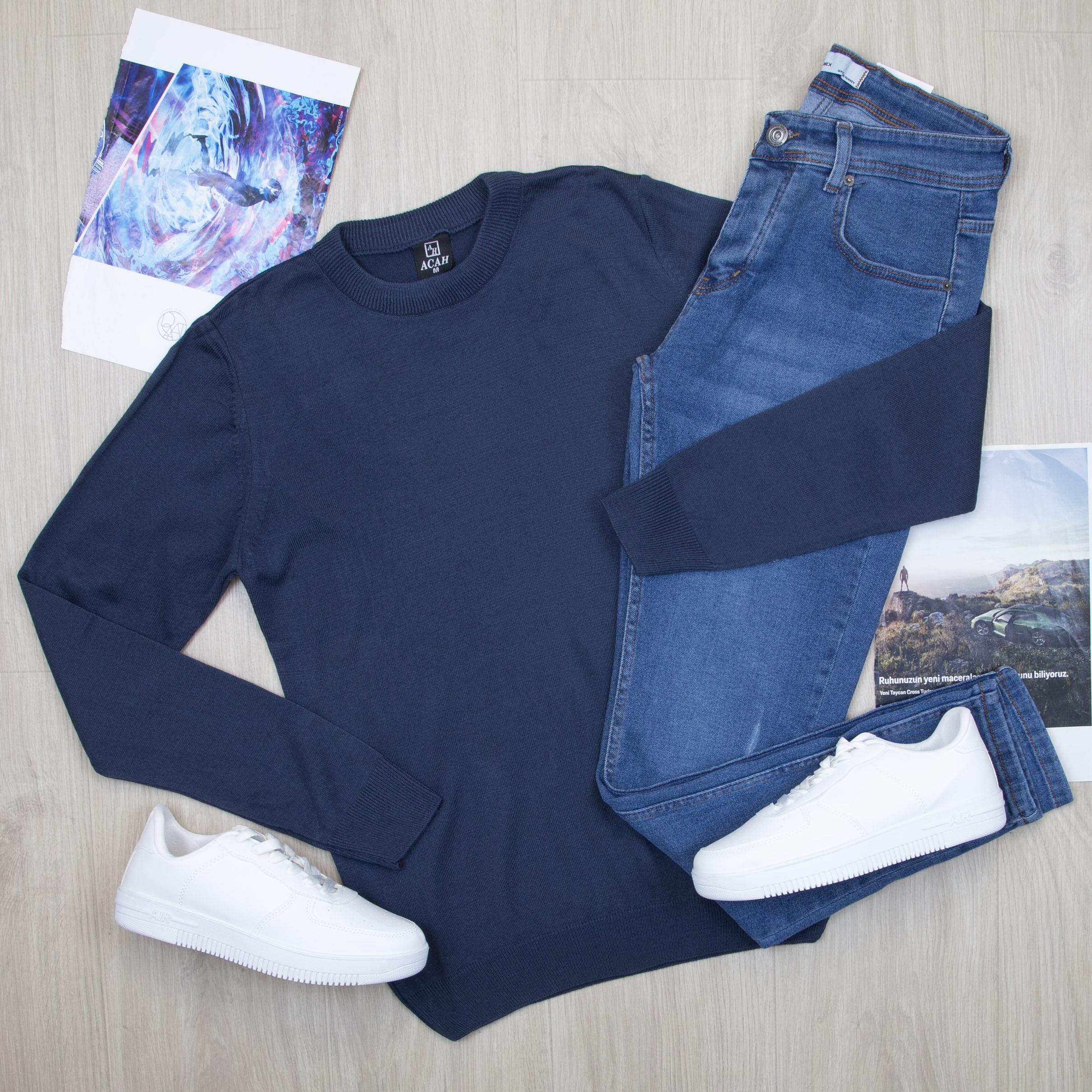 Lacivert Boğazlı Triko Kazak Pantolon Ayakkabı Kombin