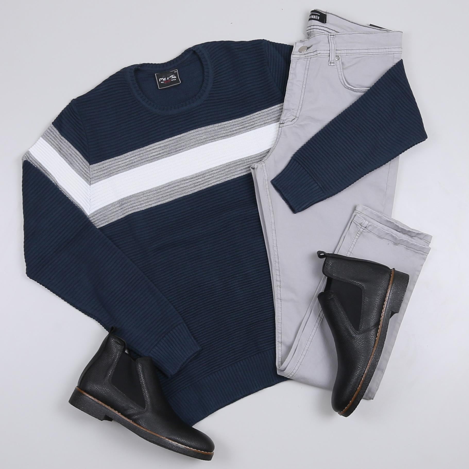 Lacivert Çizgili Kazak Kot Pantolon Bot Kombini