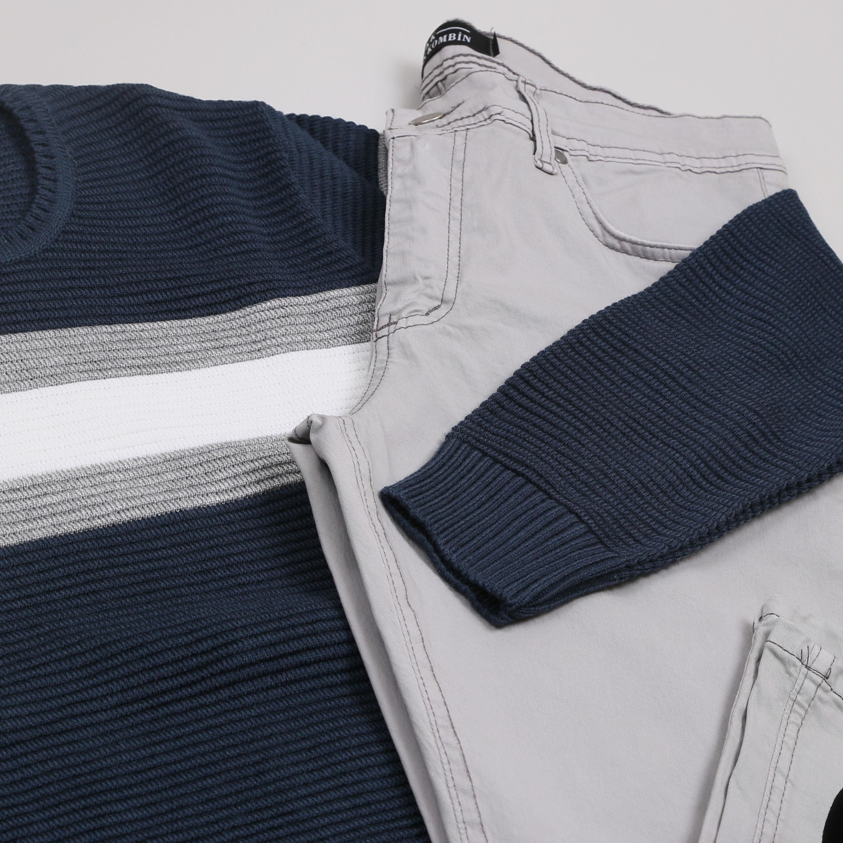 Lacivert Çizgili Kazak Pantolon Ayakkabı Kombini