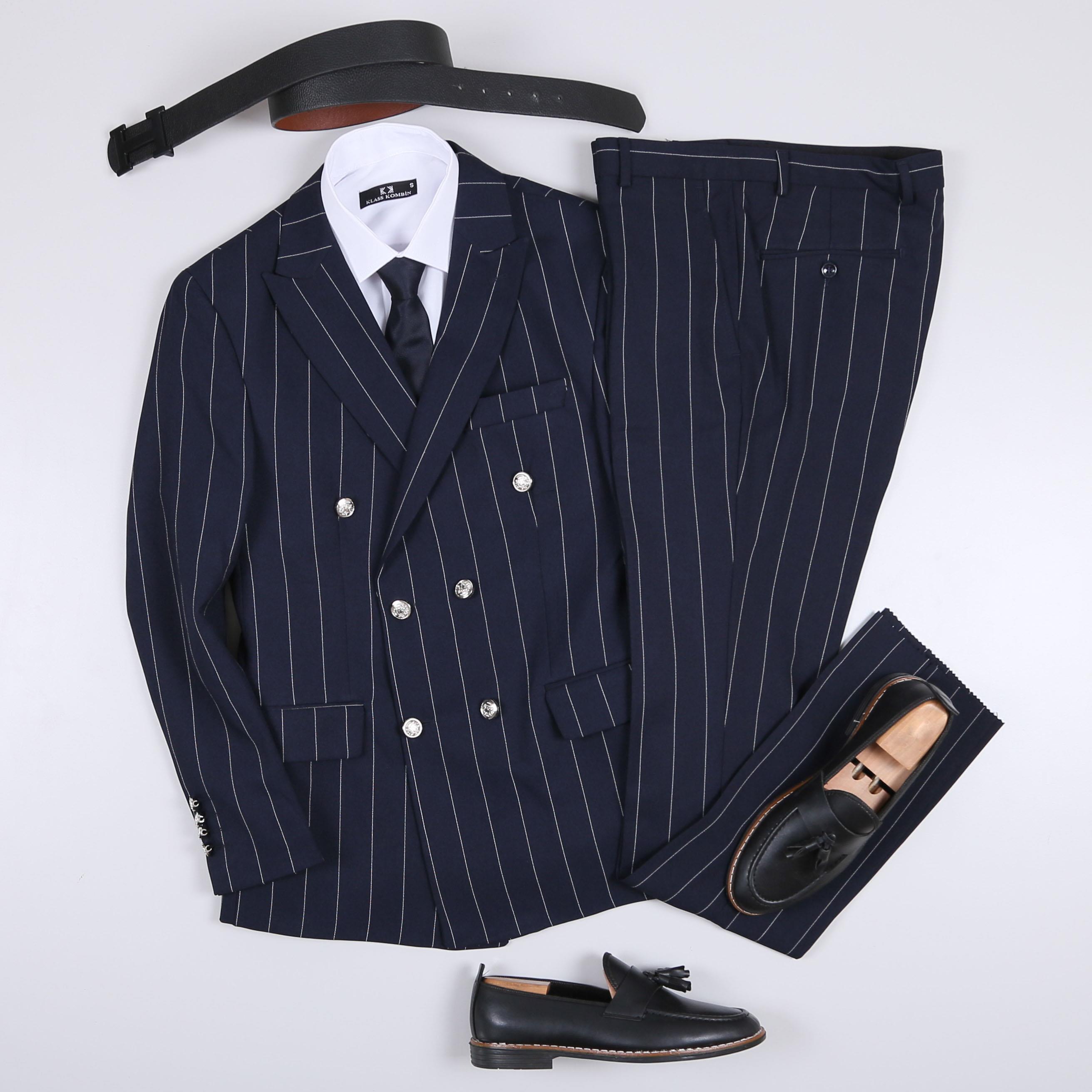 Lacivert Çizgili Kruvaze Takım Elbise Kombini