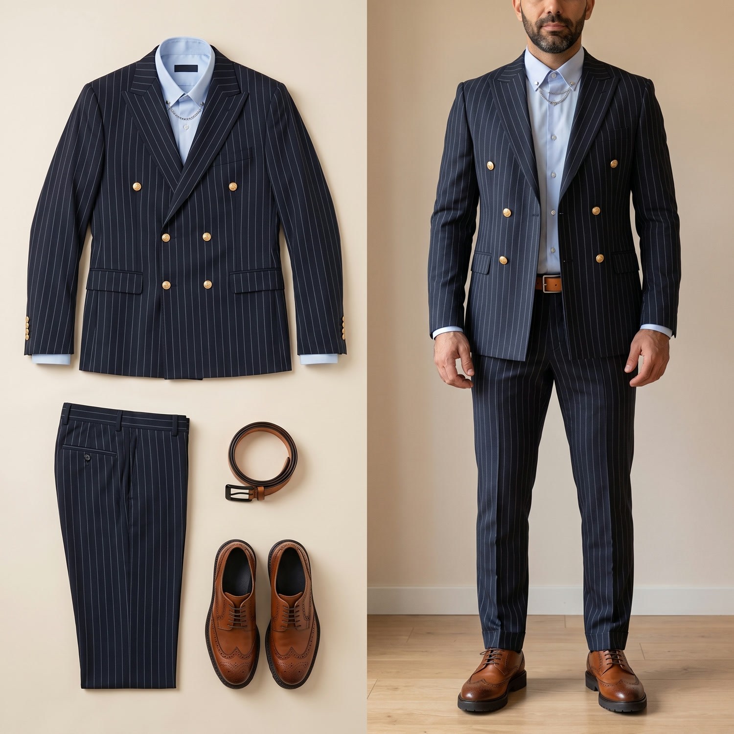 Lacivert Çizgili Kruvaze Takım Elbise Kombini Erkek | Slim Fit Şık Komple Set 