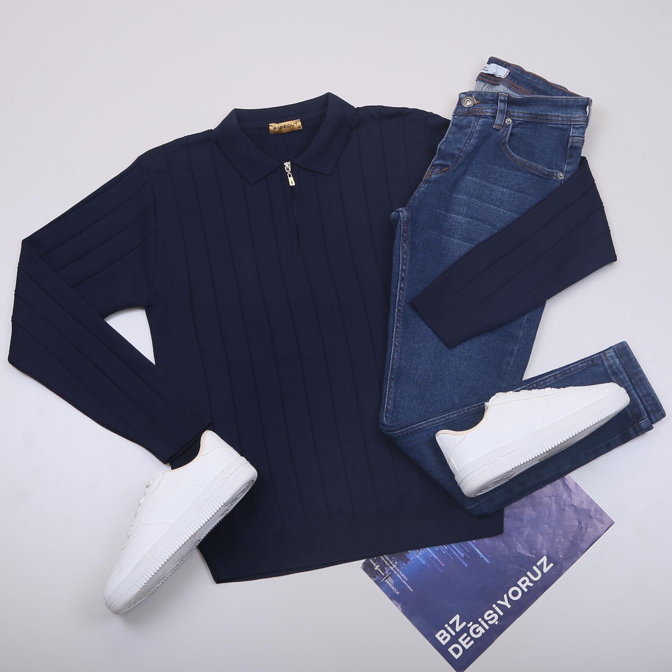 Lacivert Çizgili Triko Polo Yaka Pantolon Ayakkabı Kombin
