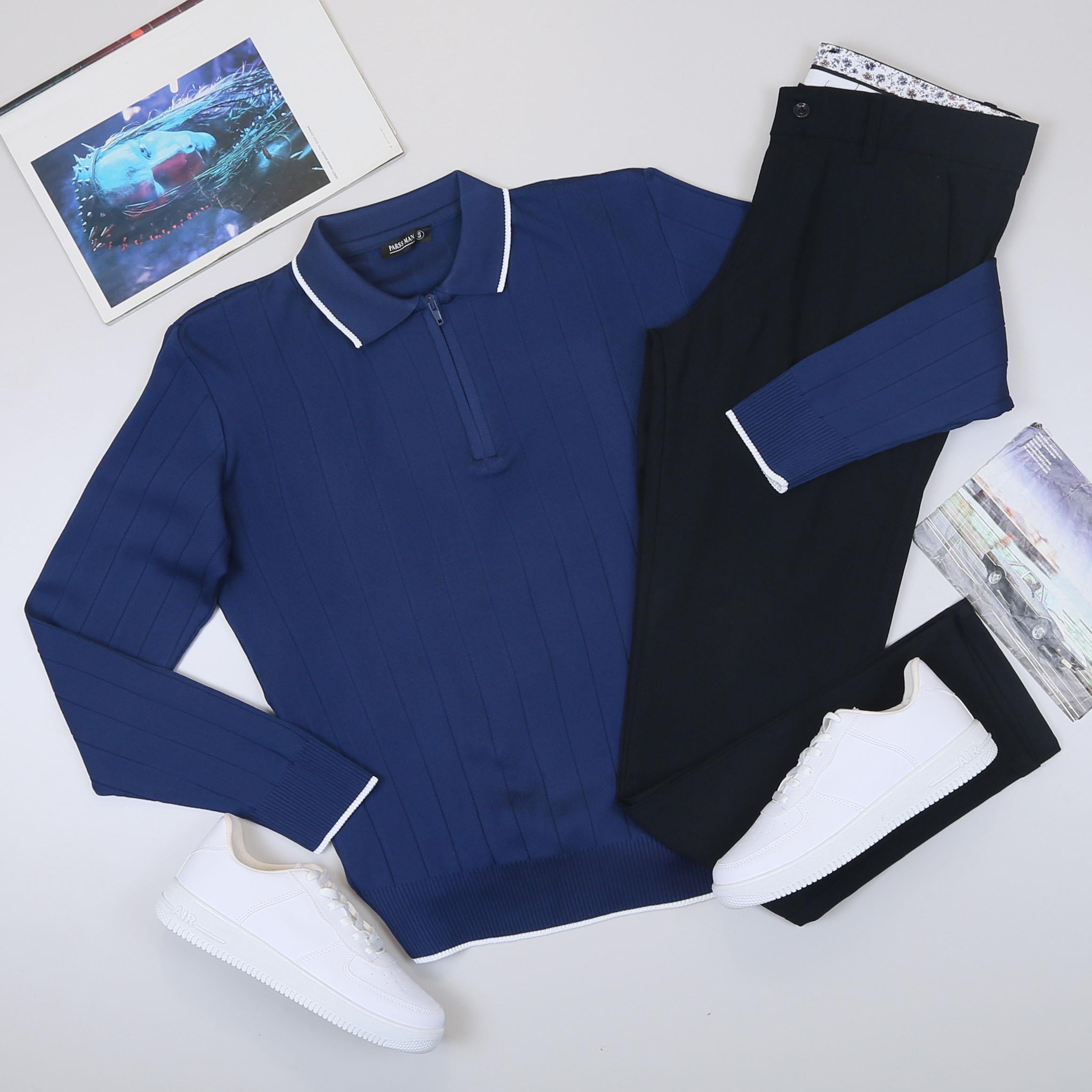 Lacivert Çizgili Triko Polo Yaka Pantolon Ayakkabı Kombin