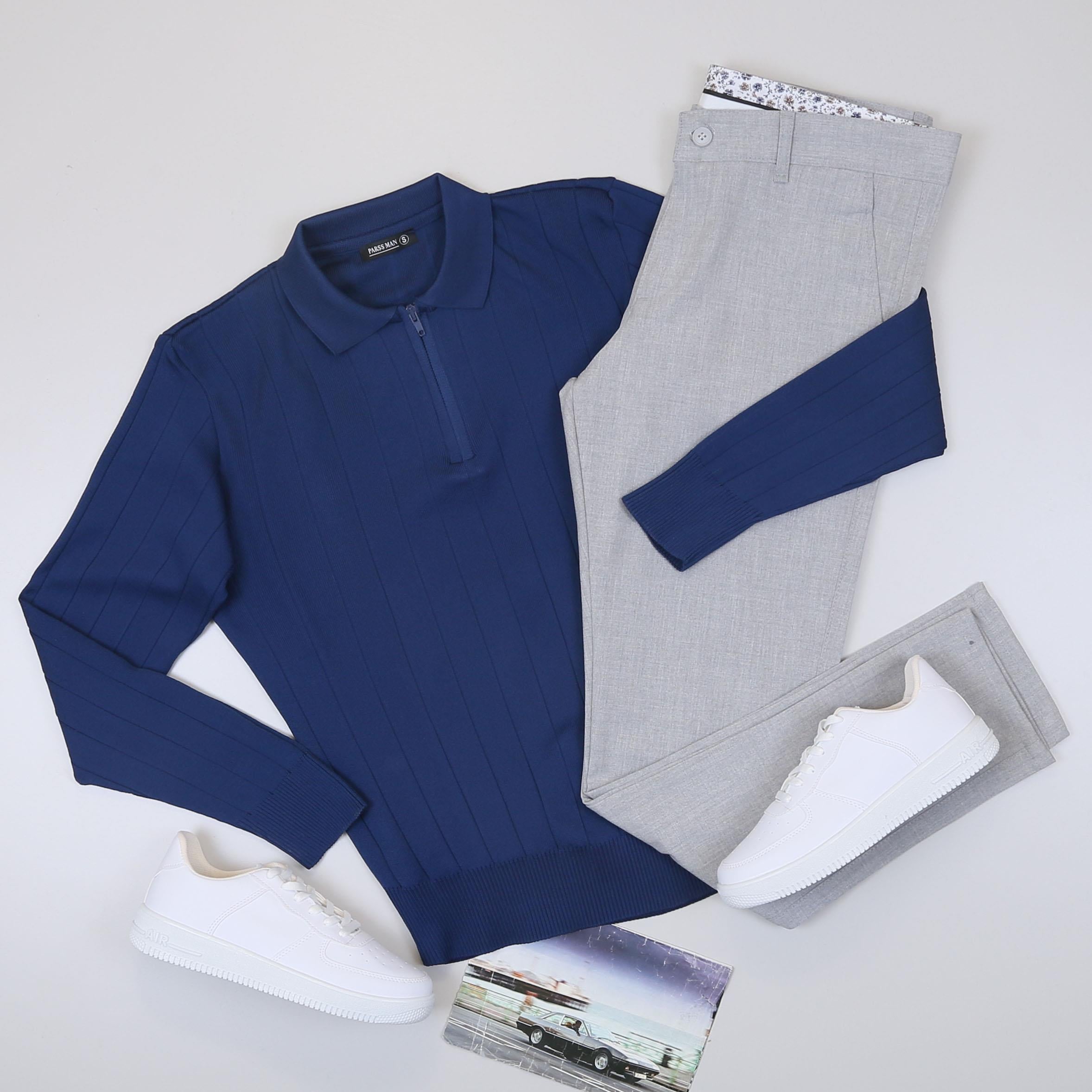 Lacivert Çizgili Triko Polo Yaka Pantolon Ayakkabı Kombin