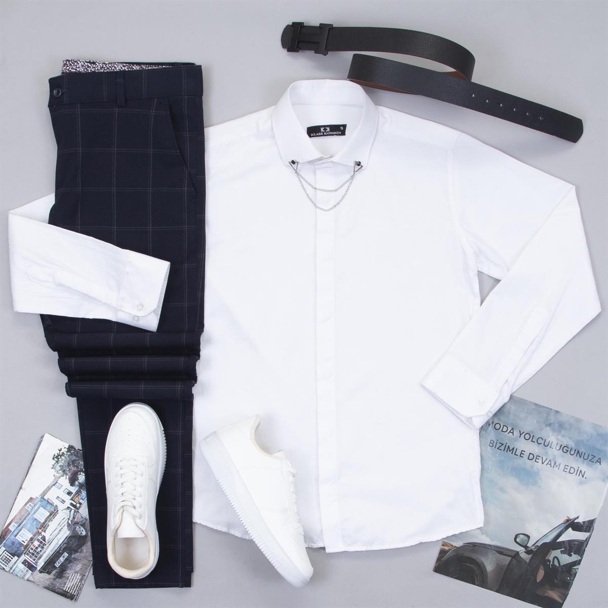 Lacivert Ekose Pantolon Beyaz Gömlek Ayakkabı Kombin