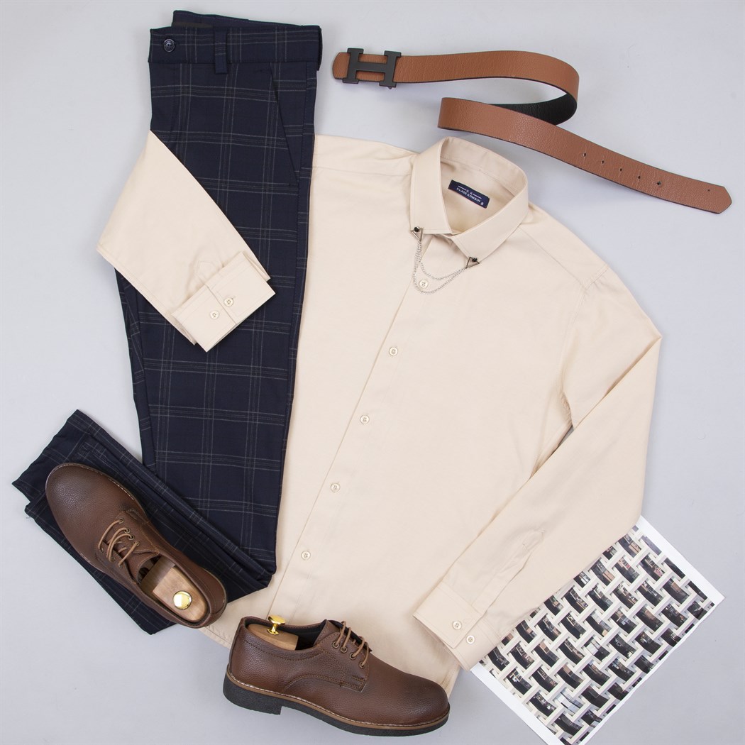 Lacivert Ekoseli Pantolon Gömlek Ayakkabı Kombin