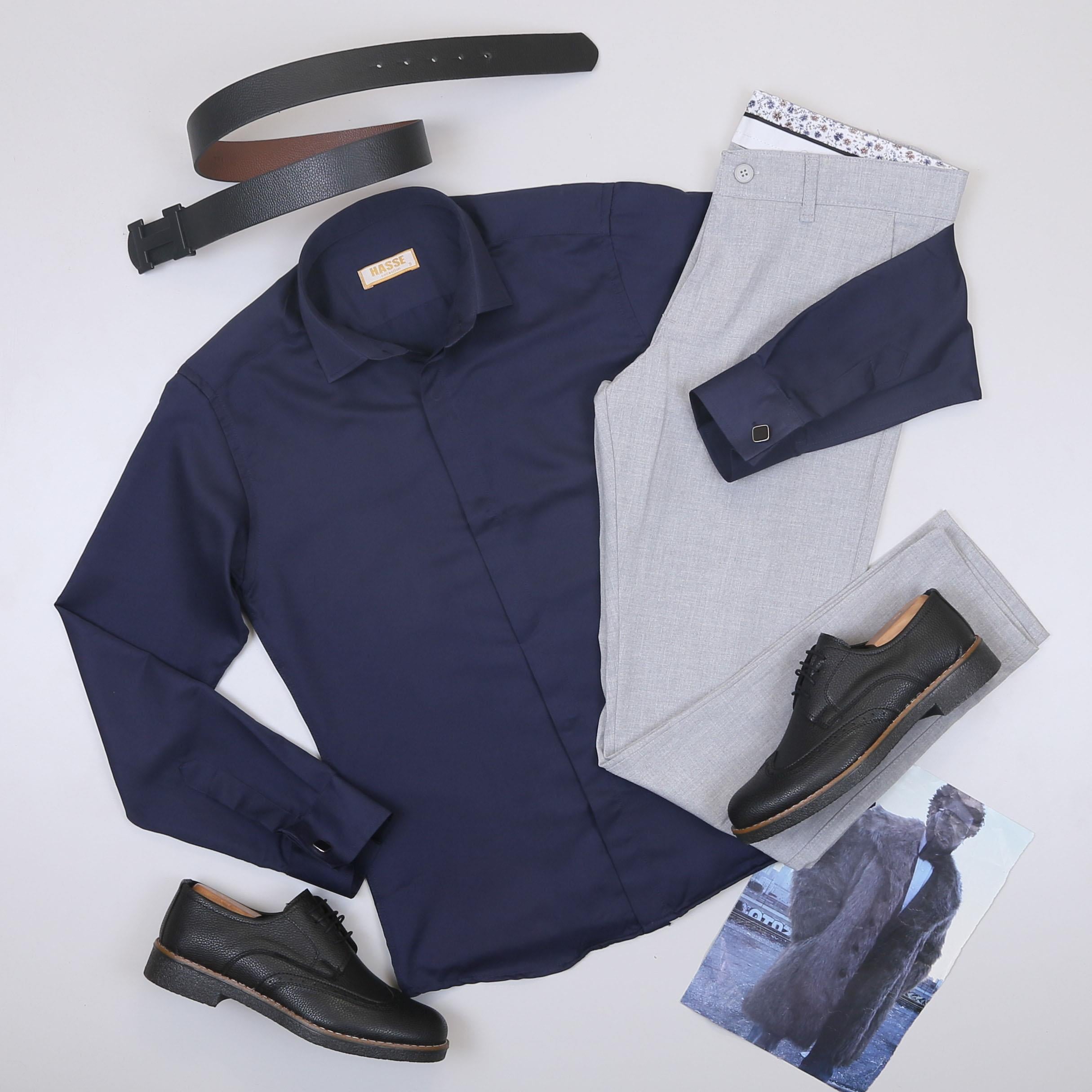 Lacivert Gömlek Gri Pantolon Ayakkabı Kombin