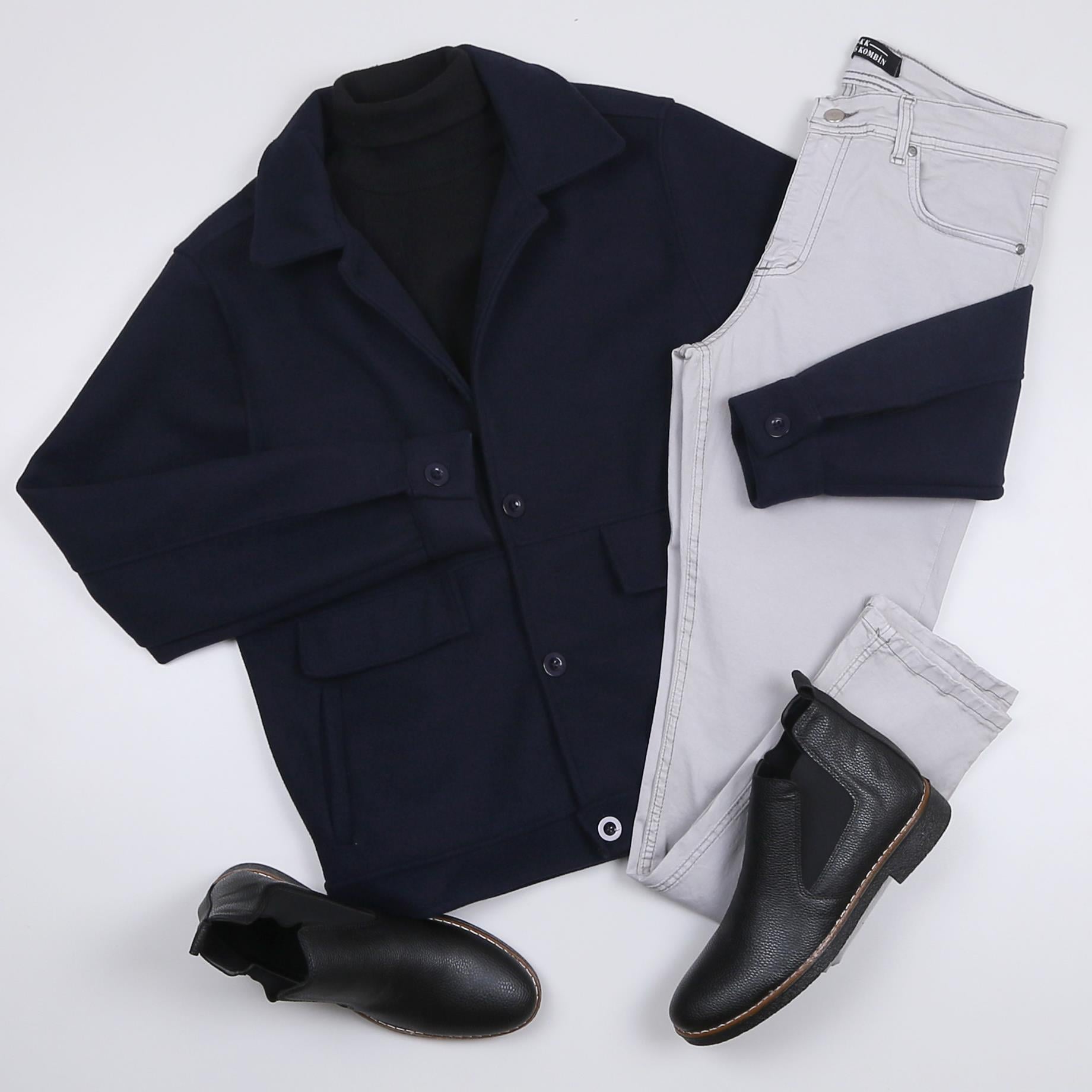 Lacivert Kaşe Ceket Boğazlı Body Kot Pantolon Bot Kombini