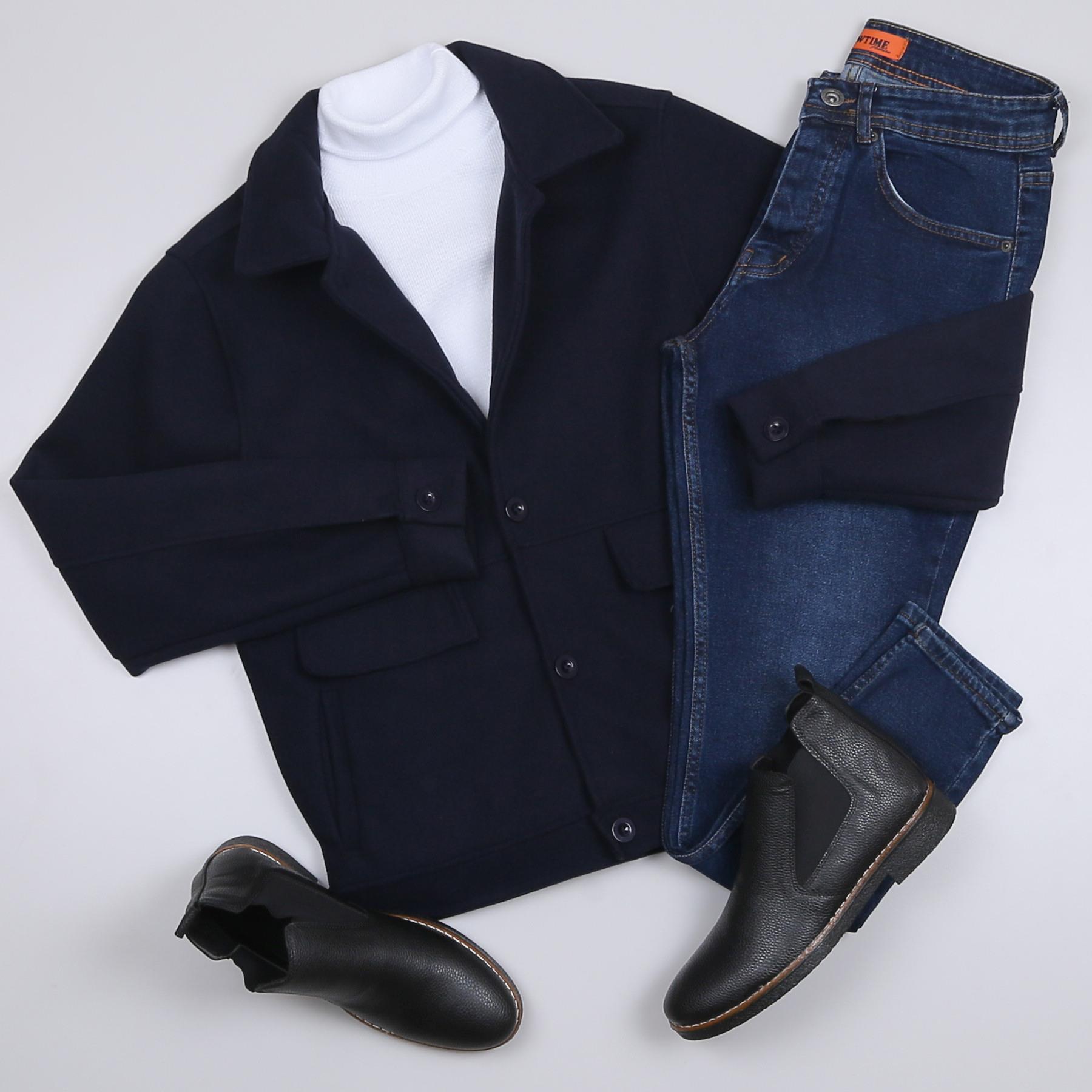 Lacivert Kaşe Ceket Boğazlı Body Kot Pantolon Bot Kombini