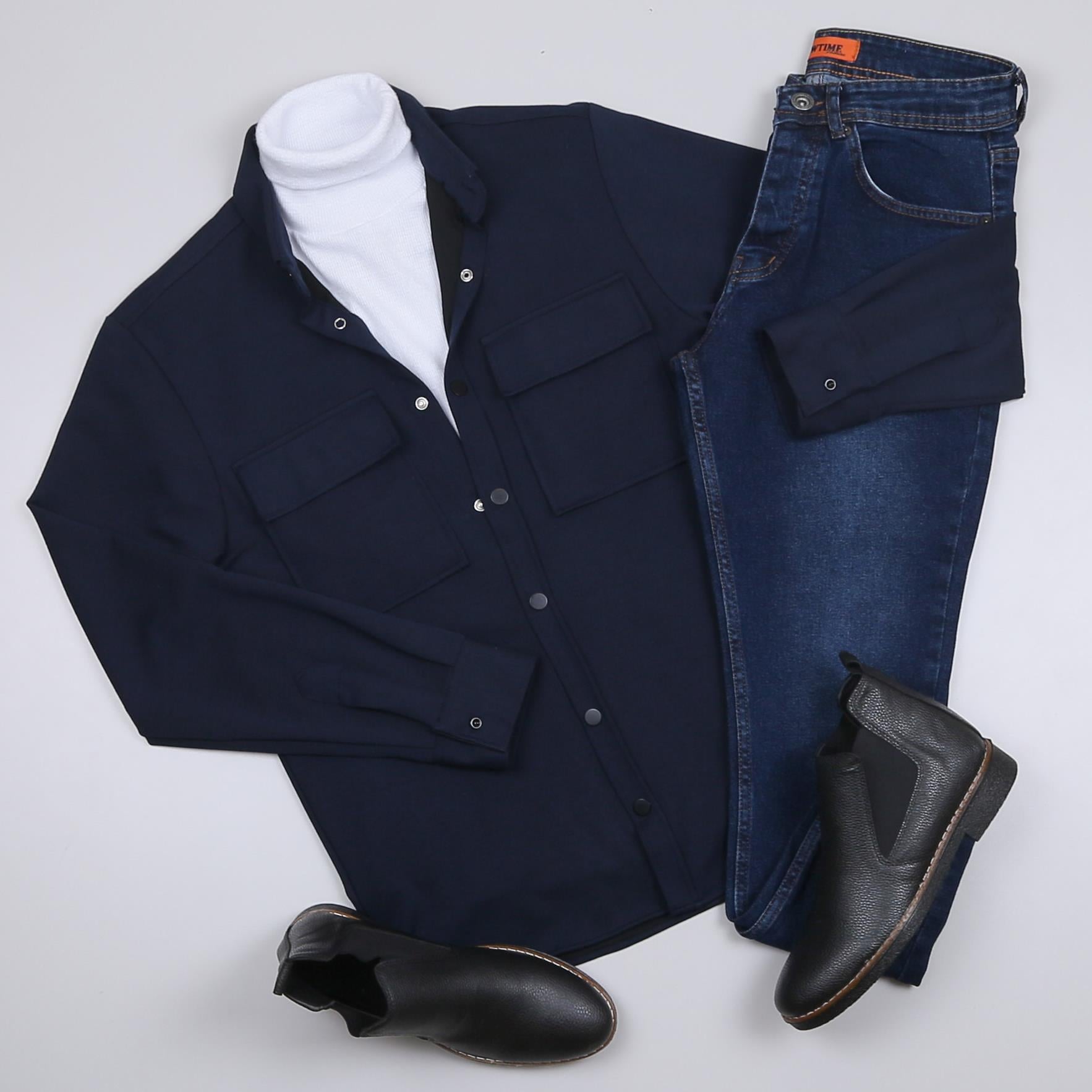 Lacivert Kaşe Gömlek Boğazlı Body Pantolon Bot Kombin