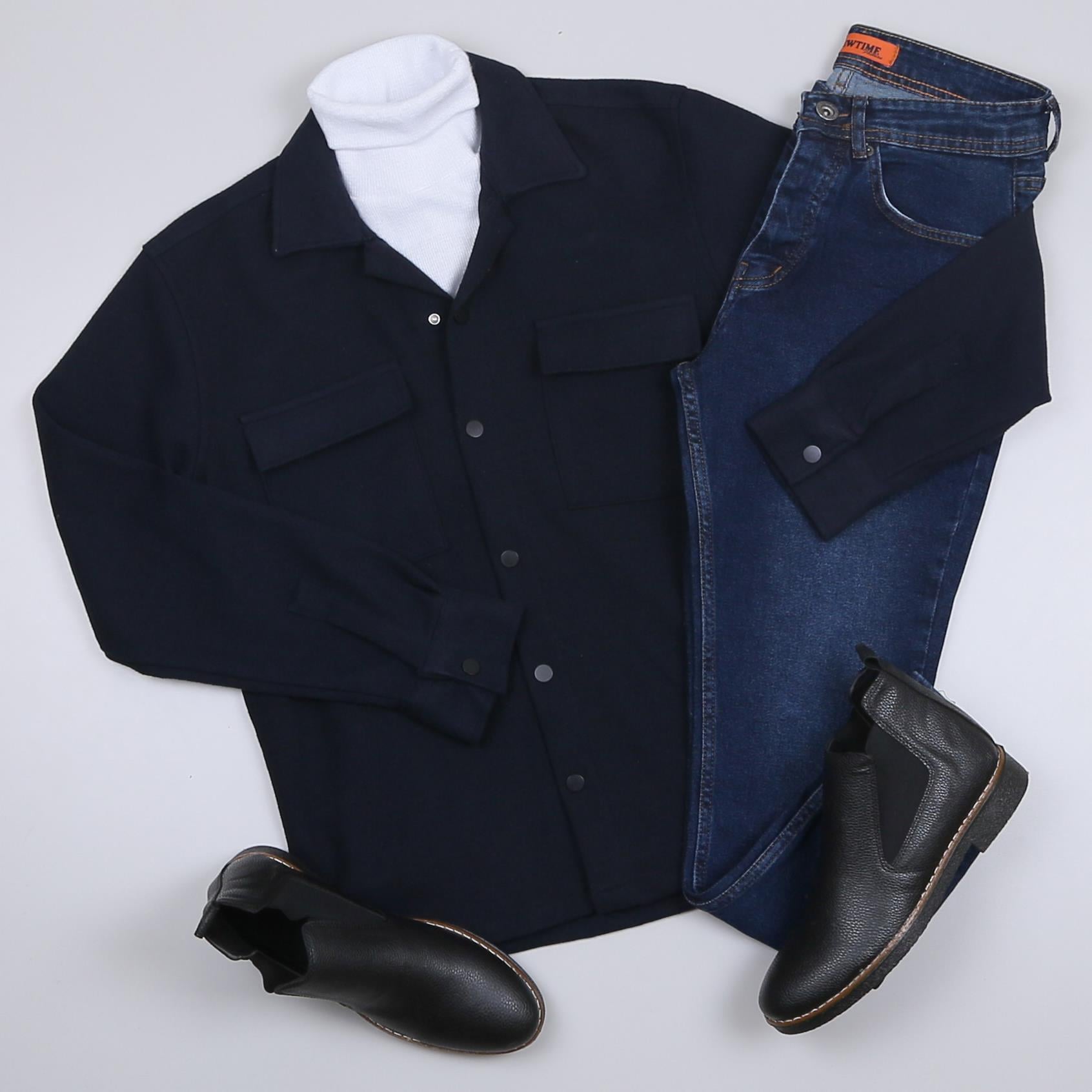 Lacivert Kaşe Gömlek Boğazlı Body Pantolon Bot Kombin