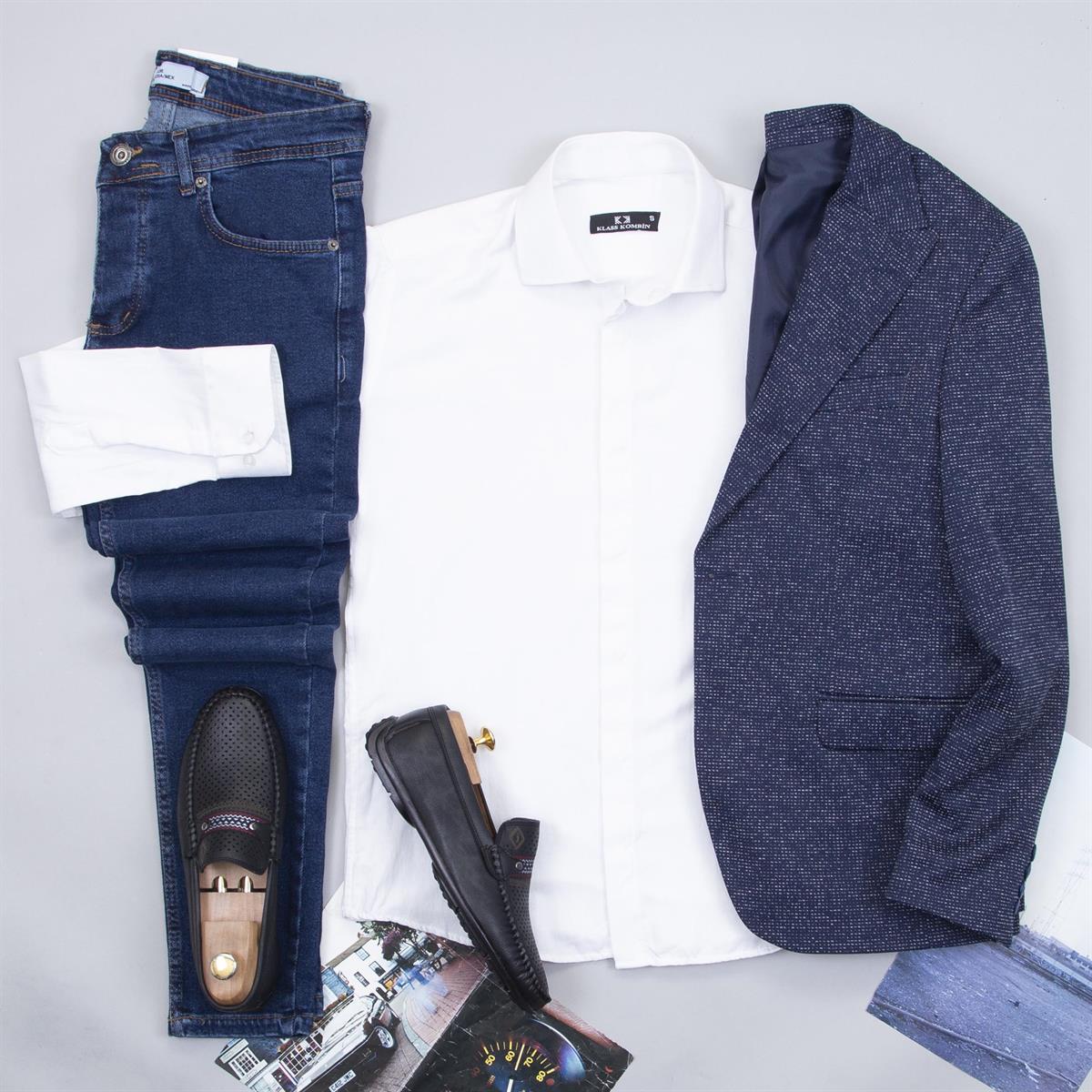 Lacivert Kırçıllı Blazer Ceket Gömlek Pantolon Ayakkabı Kombin