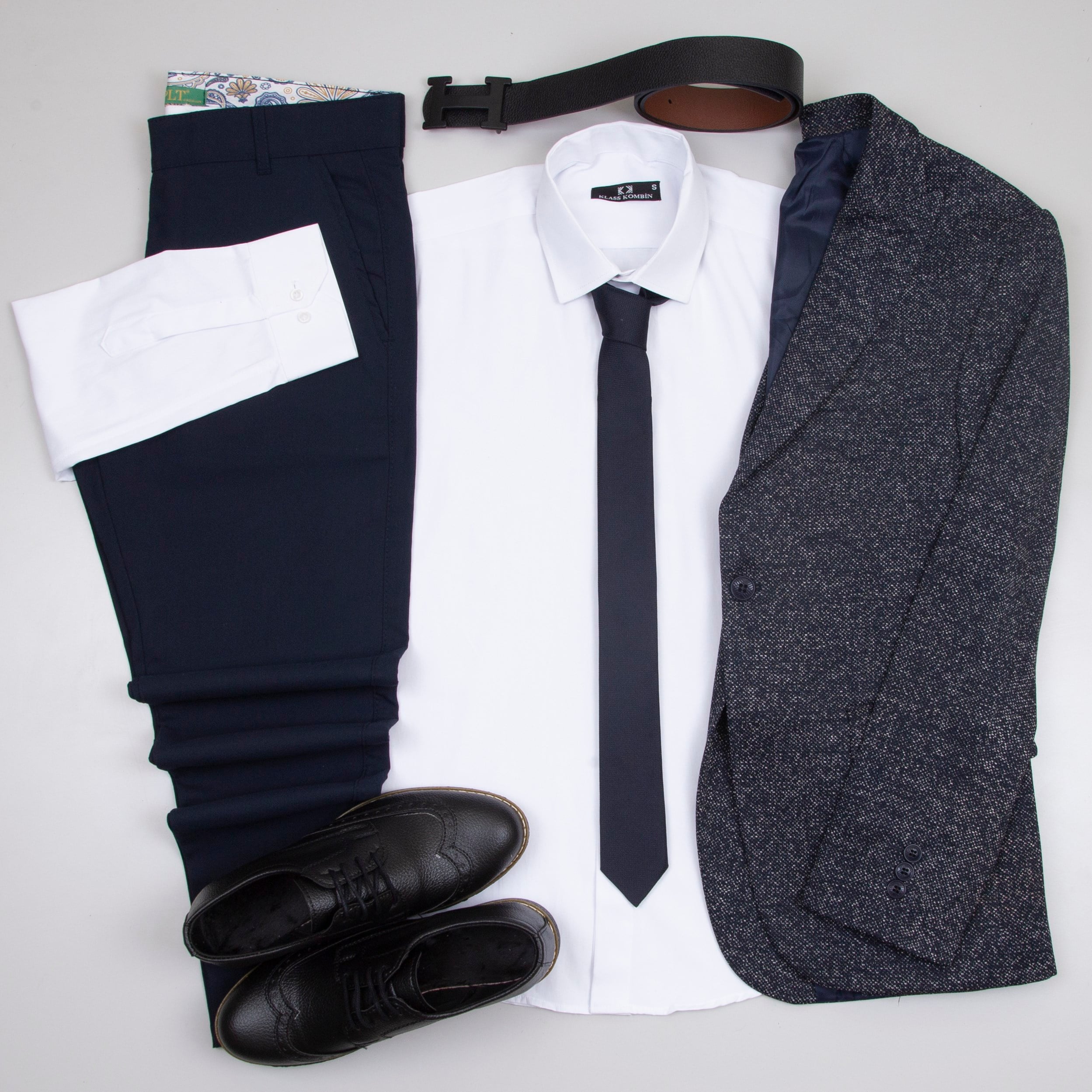 lacivert Kırçıllı  Blazer Ceket  Gömlek Lacivert Pantolon  Ayakkabı Kombinİ